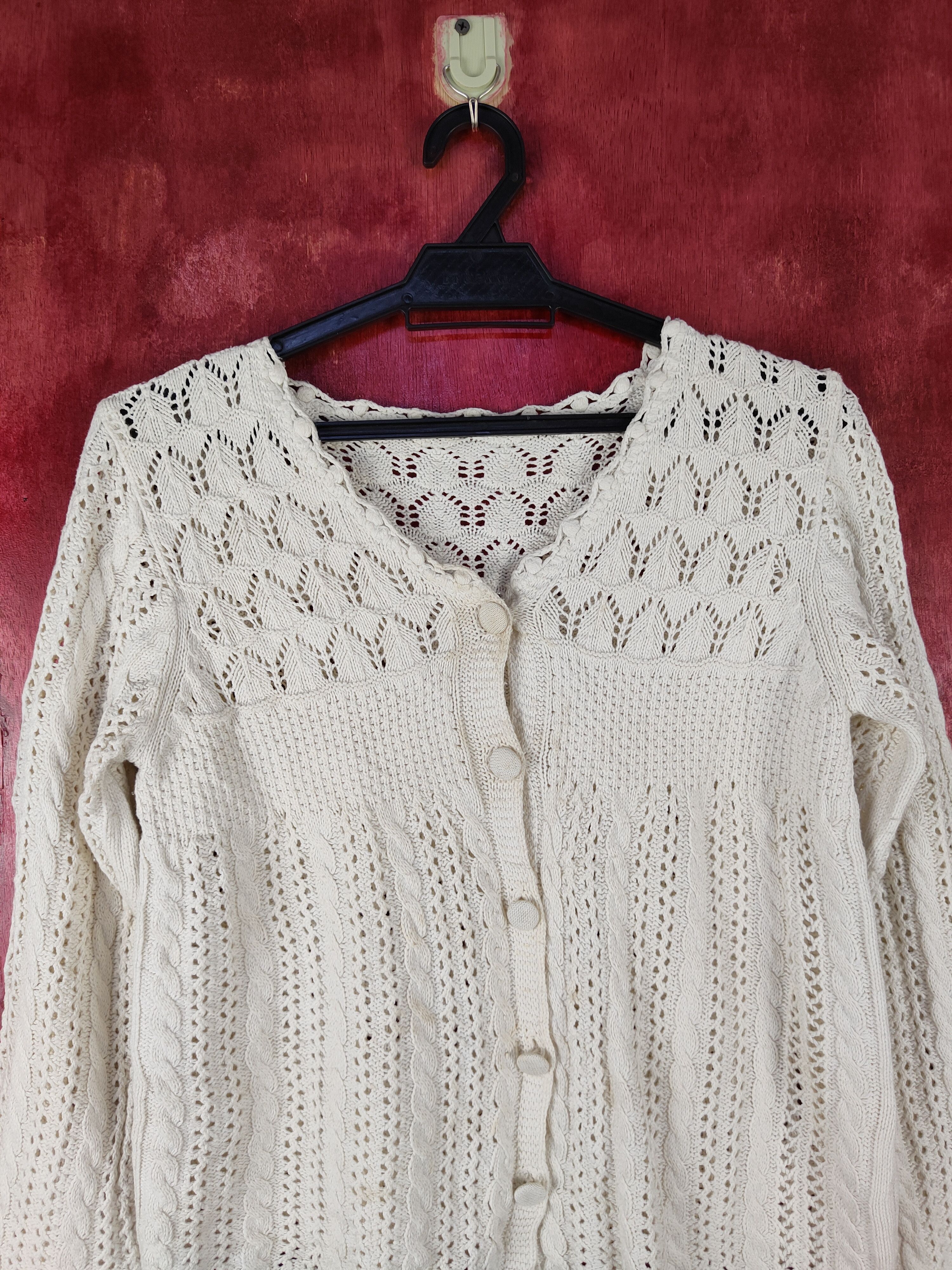 Homespun Knitwear Japanese Brand White Crochet Meshnet Knit Cardigan #S1029 Size S / US 4 / IT 40 - 2 Thumbnail