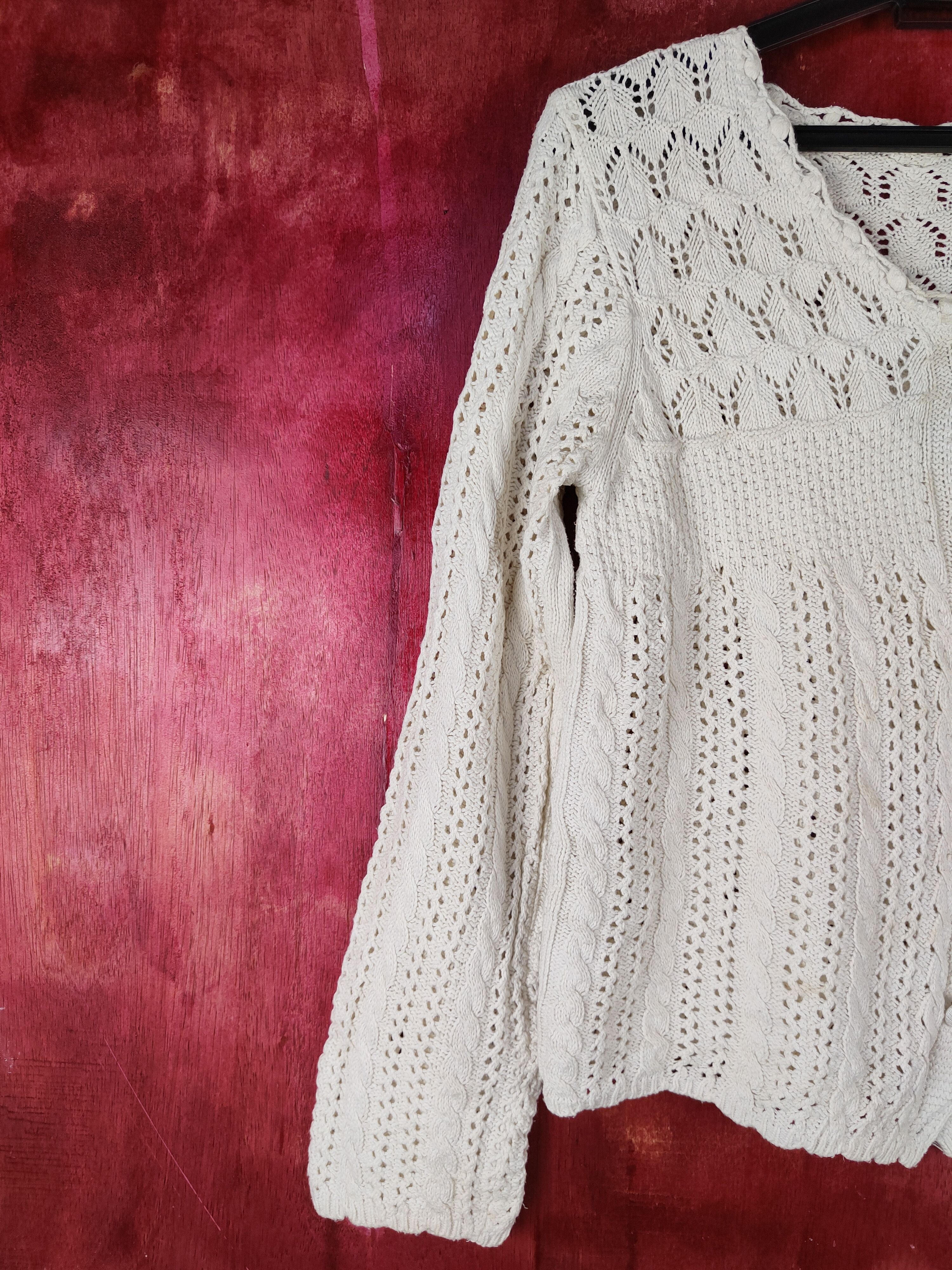 Homespun Knitwear Japanese Brand White Crochet Meshnet Knit Cardigan #S1029 Size S / US 4 / IT 40 - 4 Thumbnail