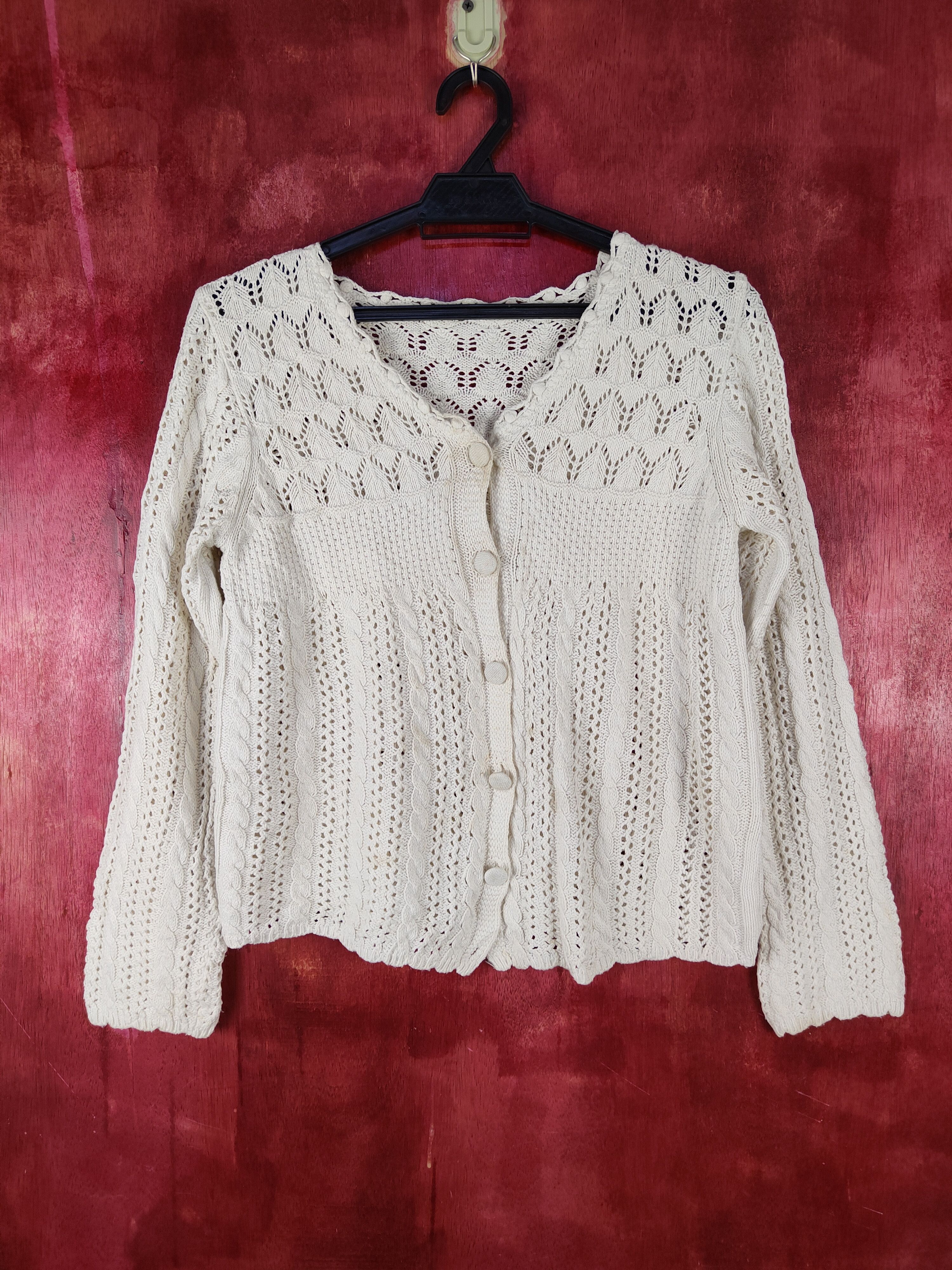 Homespun Knitwear Japanese Brand White Crochet Meshnet Knit Cardigan #S1029 Size S / US 4 / IT 40 - 1 Thumbnail