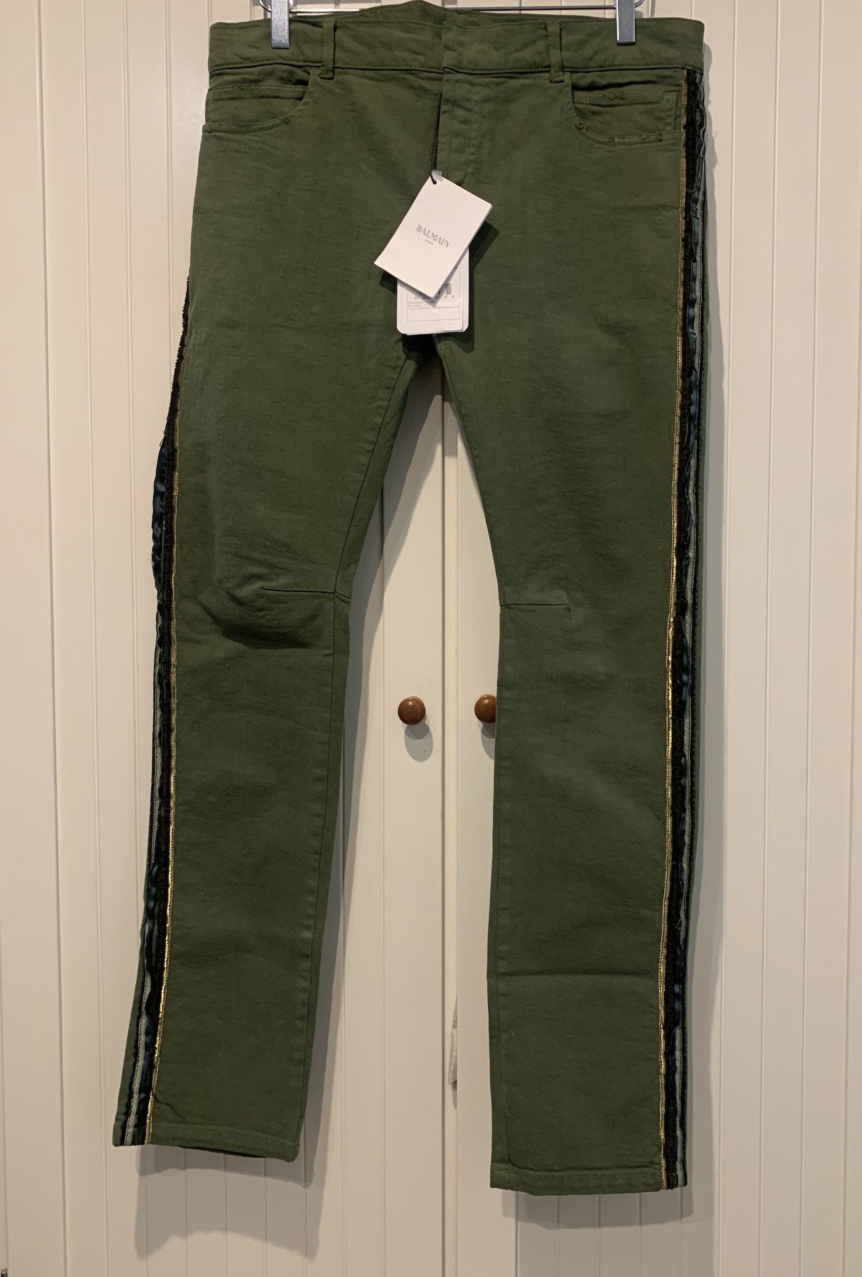 Image of Balmain Ss'13 Jean Slim Decorated Stripe in Army Green, Men's (Size 30)