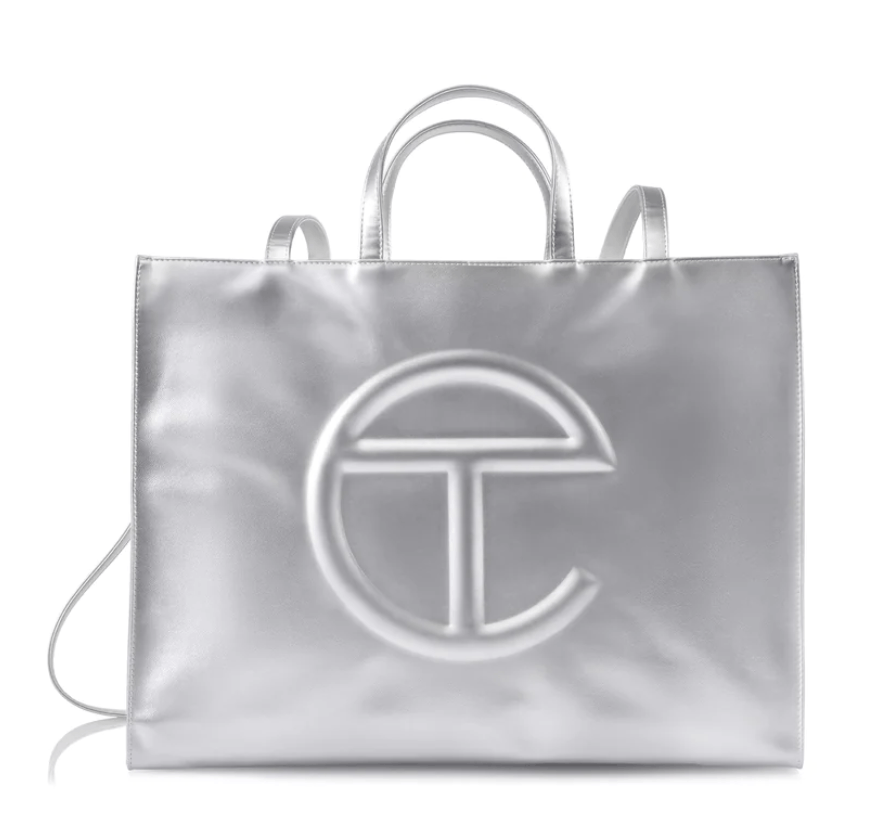 large silver telfar bag