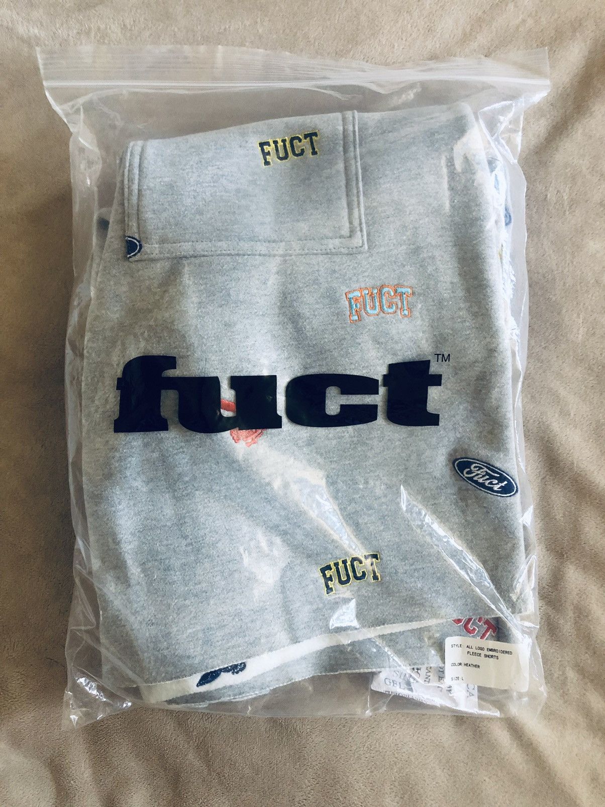 image of Fuct All Over Logo Shorts (Grey) Large, Men's (Size 33)