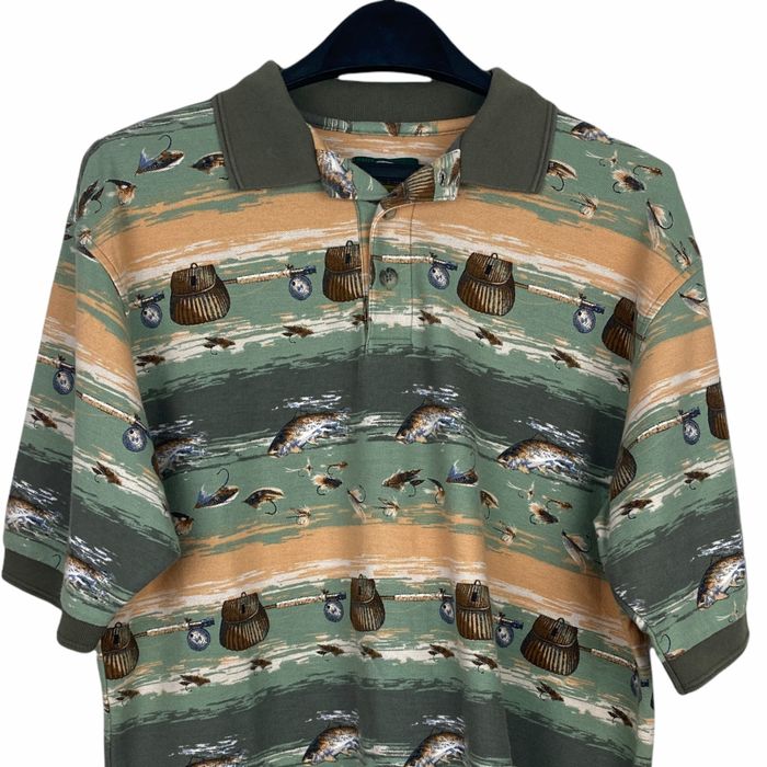 Cabelas Cabelas Medium Polo AllOverFish Fishing Short Sleeve Green