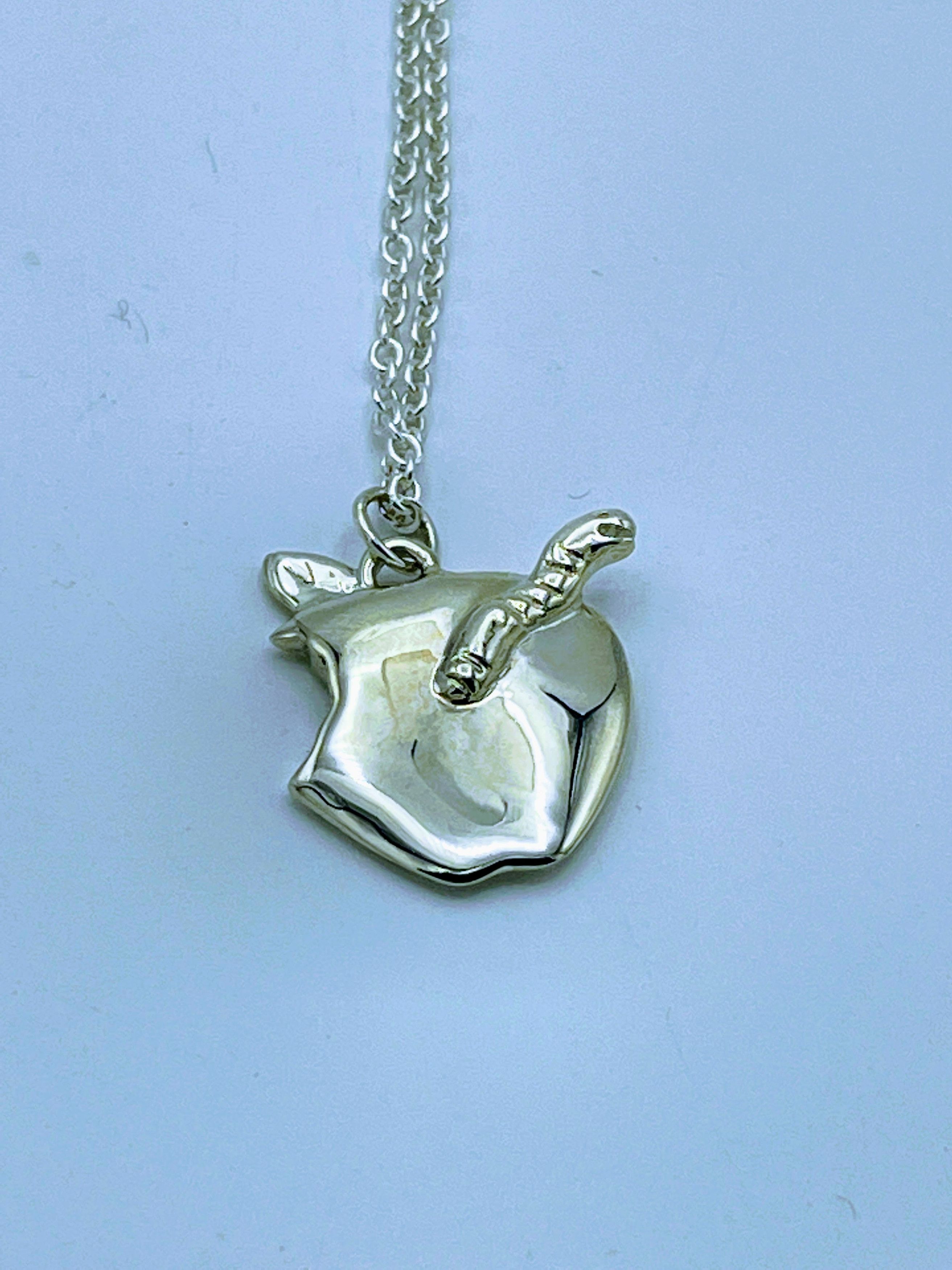 image of Online Ceramics 0.925 Sterling Silver Apple Worm Hearted Pendant Necklace, Men's
