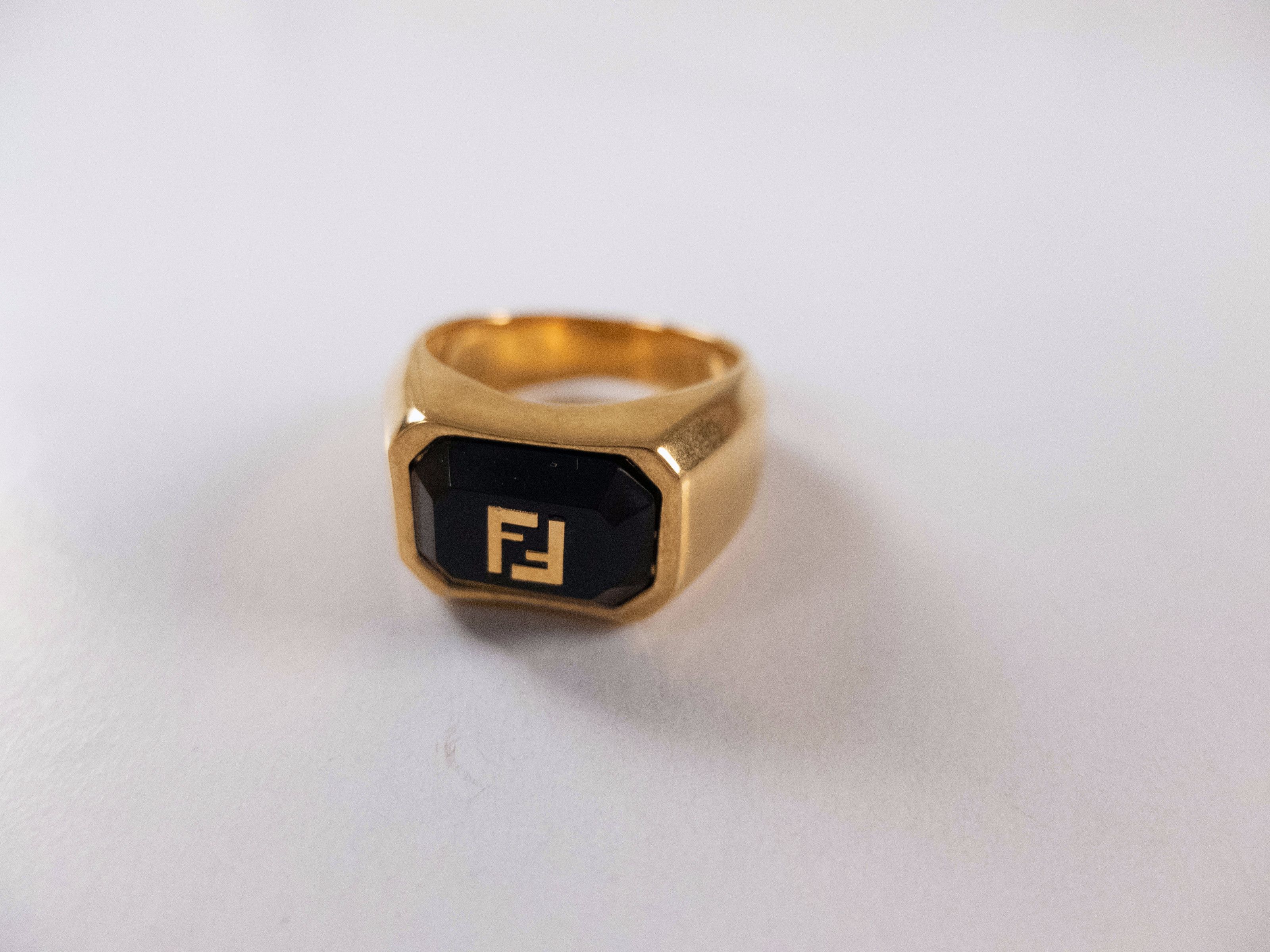 image of Fendi Black Ff Logo Gold Plated Metal Ring Medium Authentic, Men's