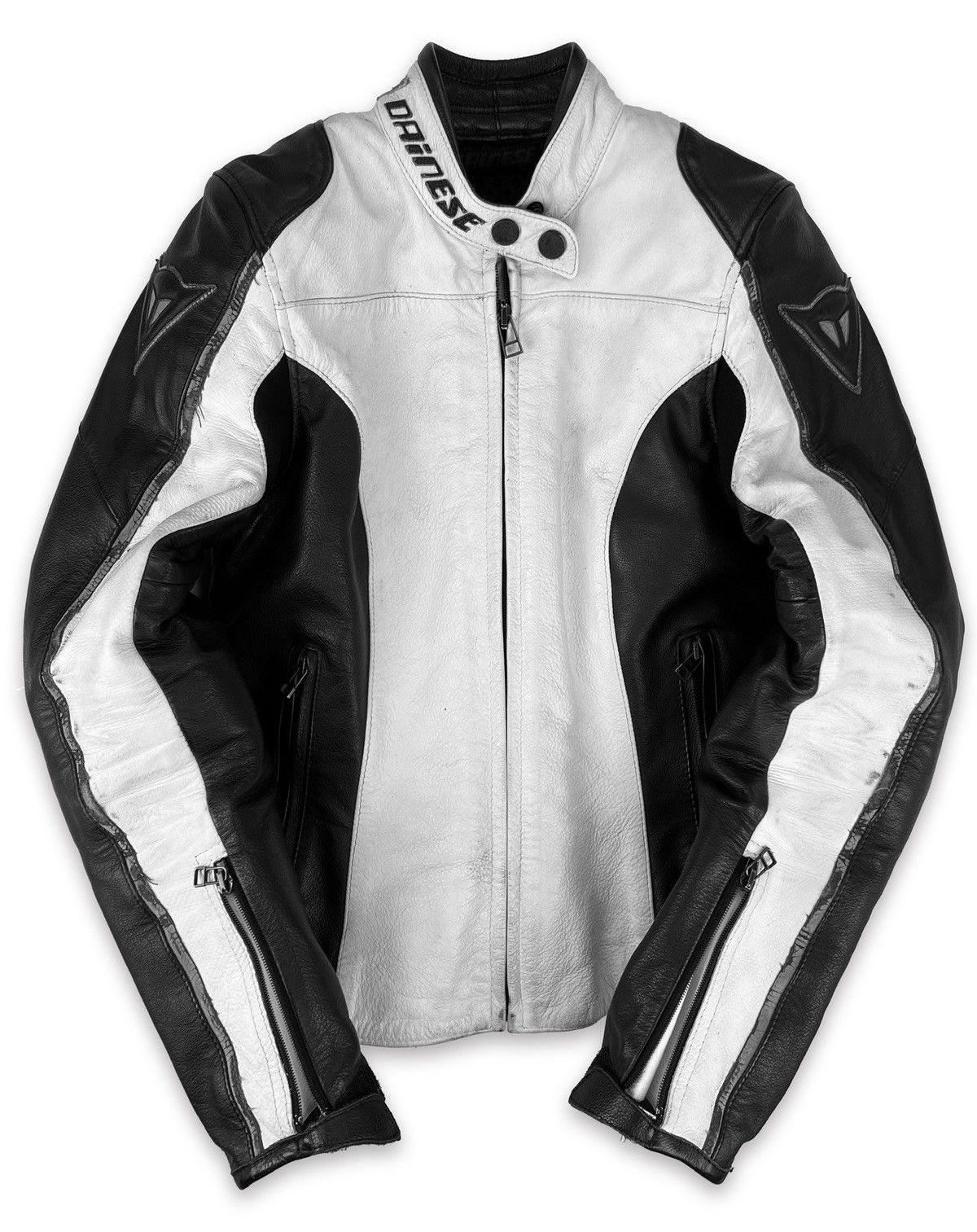 image of Dainese Leather Two Tone High Neck Spellout Logo Jacket in White, Men's (Size Small)