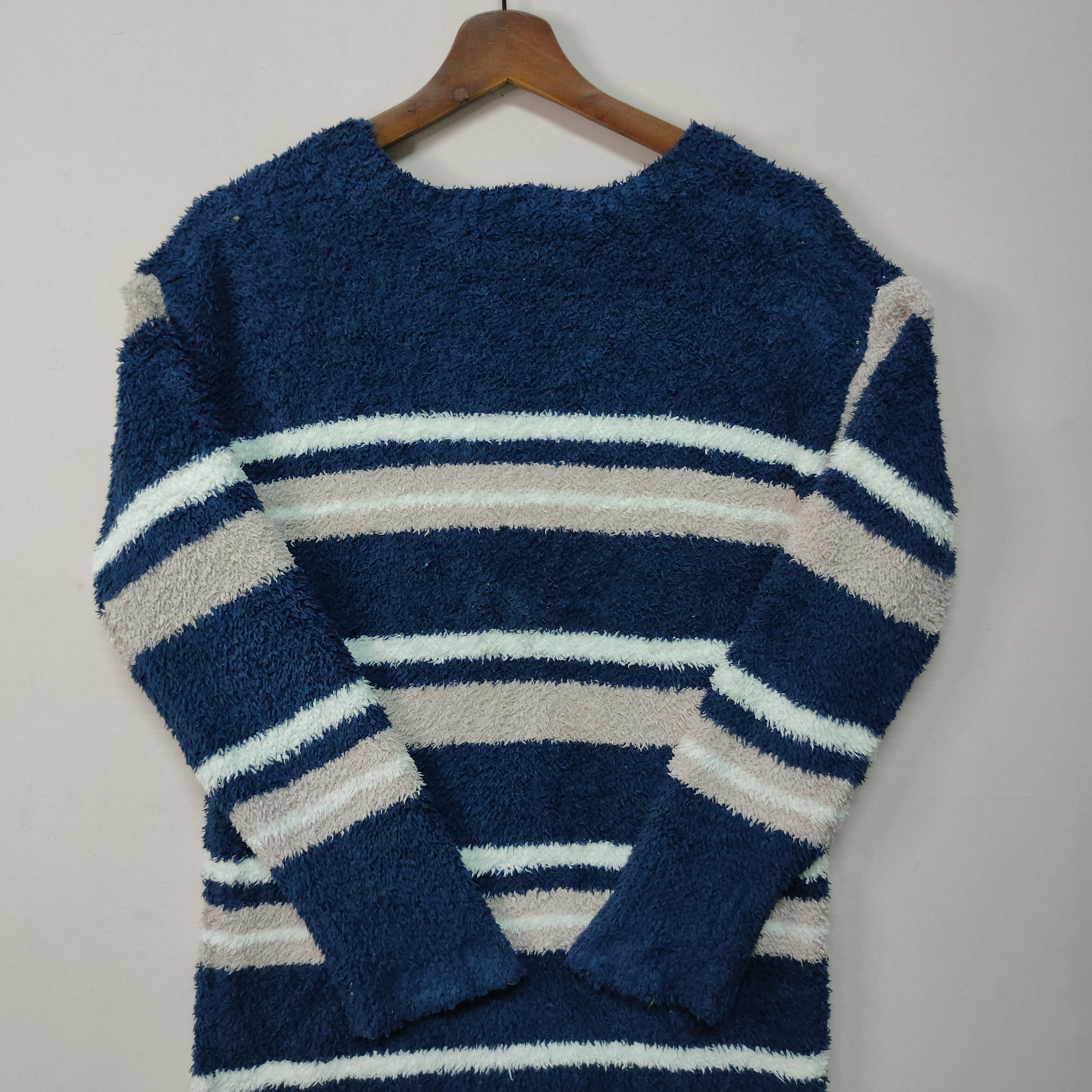 Japanese Brand × Other Vintage W’Basic Shag Shaggy Fur Striped Knitwear Japan Size US M / EU 48-50 / 2 - 9 Thumbnail