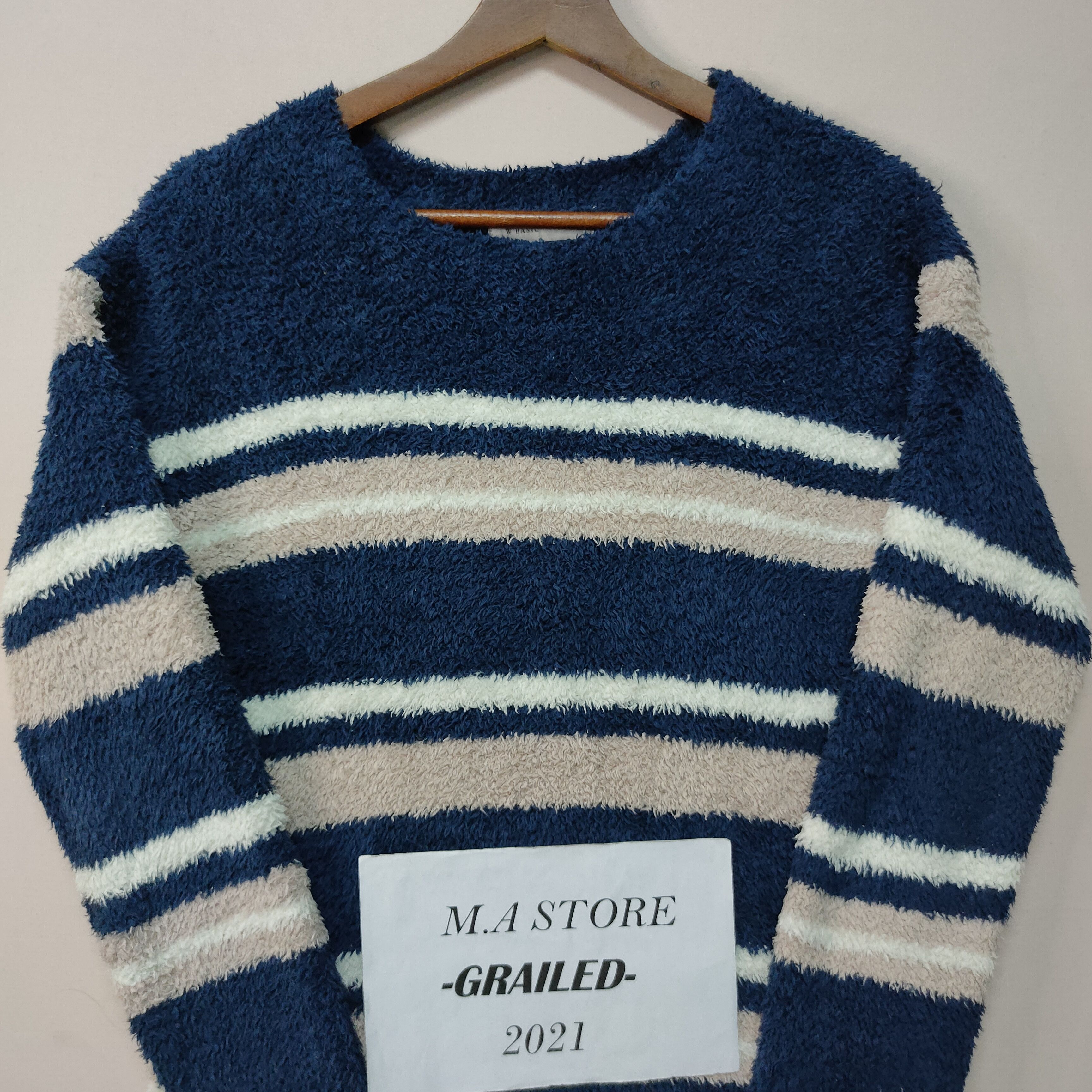 Japanese Brand × Other Vintage W’Basic Shag Shaggy Fur Striped Knitwear Japan Size US M / EU 48-50 / 2 - 2 Thumbnail