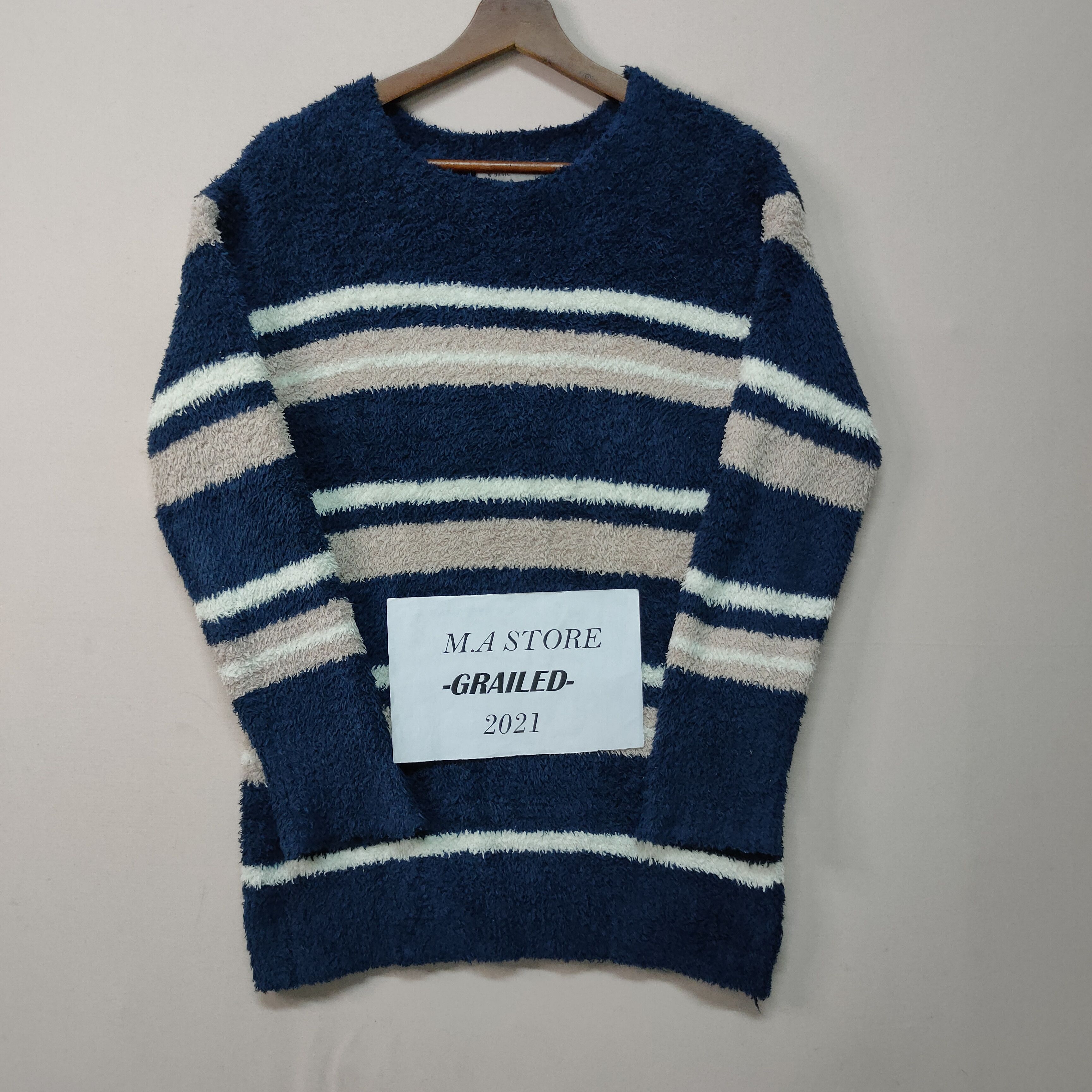 Japanese Brand × Other Vintage W’Basic Shag Shaggy Fur Striped Knitwear Japan Size US M / EU 48-50 / 2 - 1 Thumbnail
