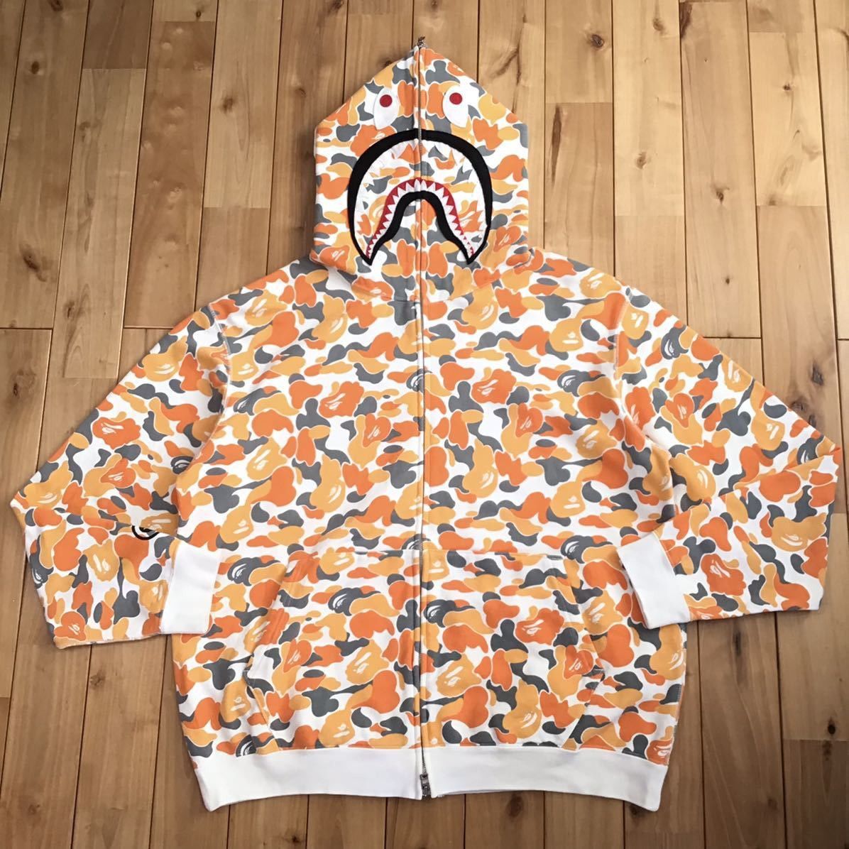 image of 2008 Fukuoka City Camo Shark Full Zip Hoodie Bape Ape in Orange Camo, Men's (Size Large)