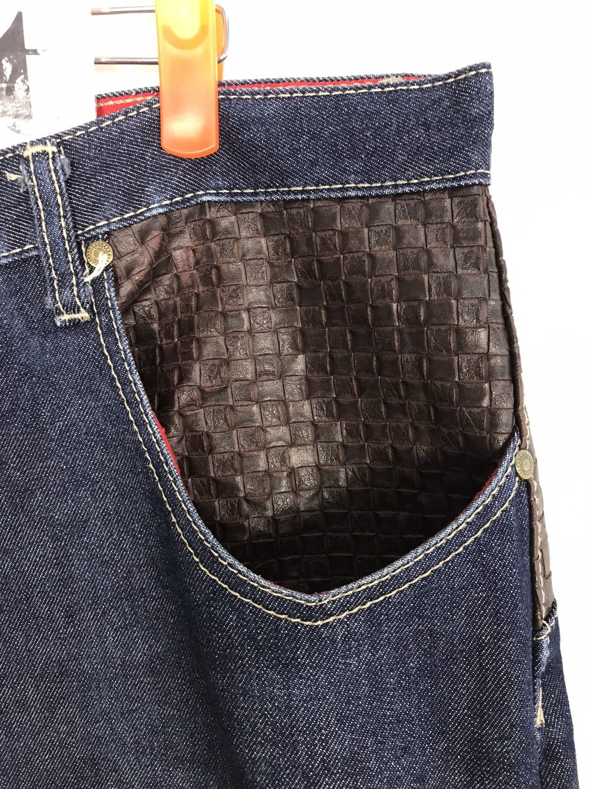 Japanese Brand Kanji Jeans Loose Fit Leather Pocket Design Size US 39 - 4 Thumbnail