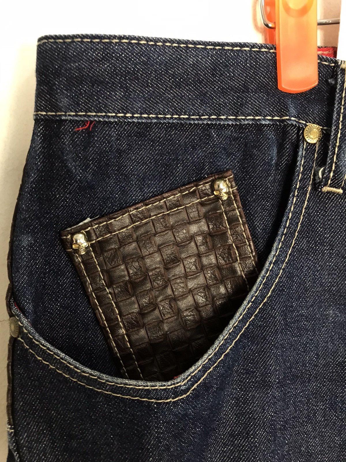 Japanese Brand Kanji Jeans Loose Fit Leather Pocket Design Size US 39 - 7 Thumbnail