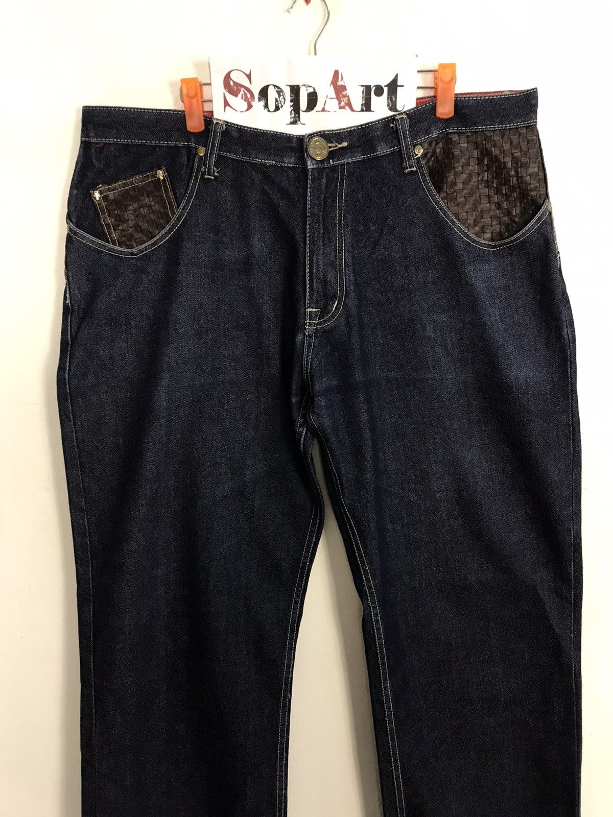 Japanese Brand Kanji Jeans Loose Fit Leather Pocket Design Size US 39 - 3 Thumbnail