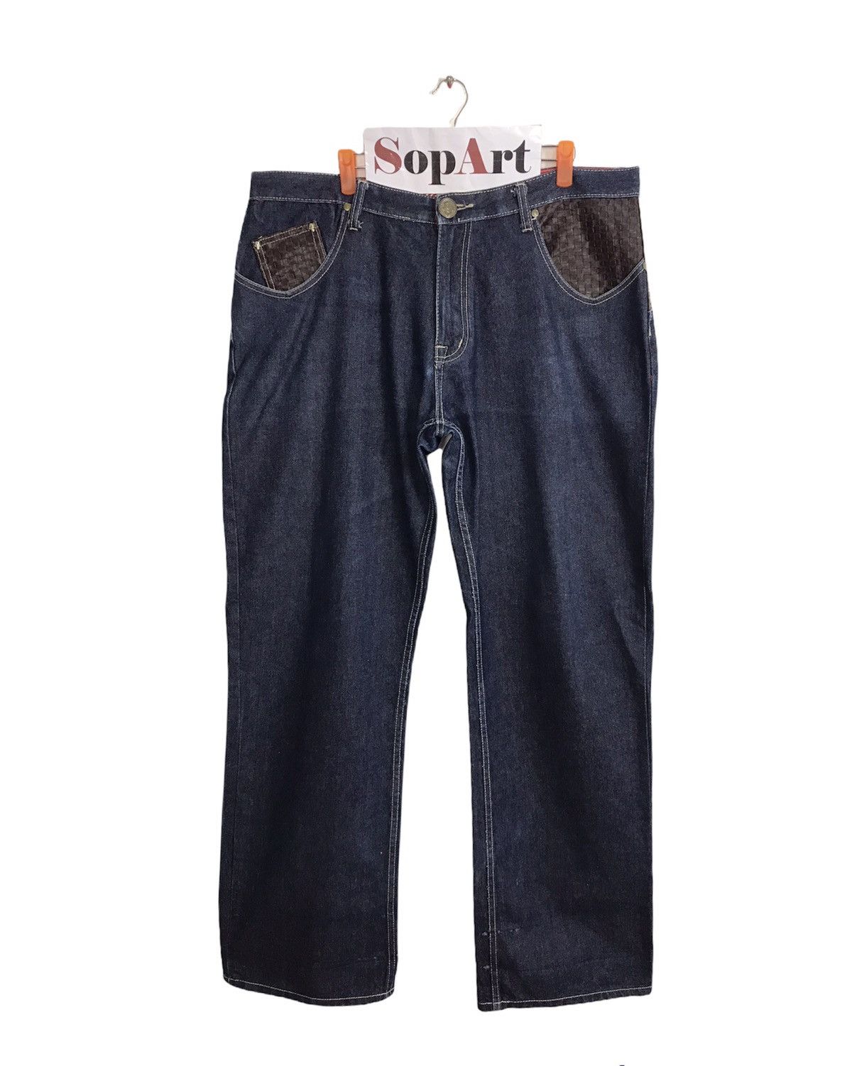 Japanese Brand Kanji Jeans Loose Fit Leather Pocket Design Size US 39 - 1 Thumbnail