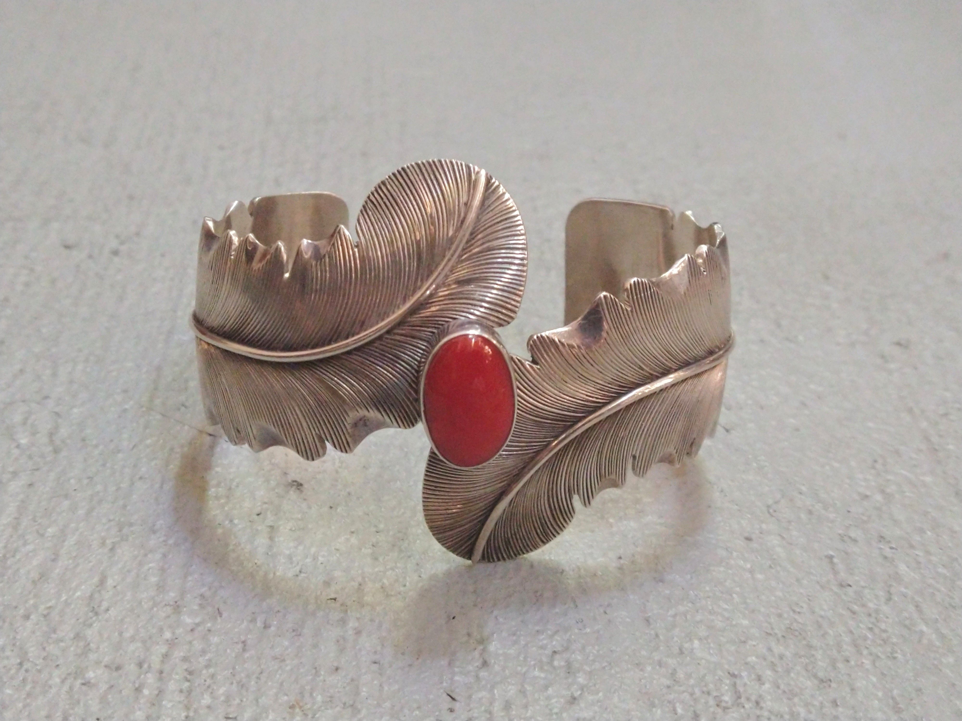 Jewelry Vintage Sterling Silver Bracelet Coral Navajo Native Tribal Size ONE SIZE - 2 Thumbnail