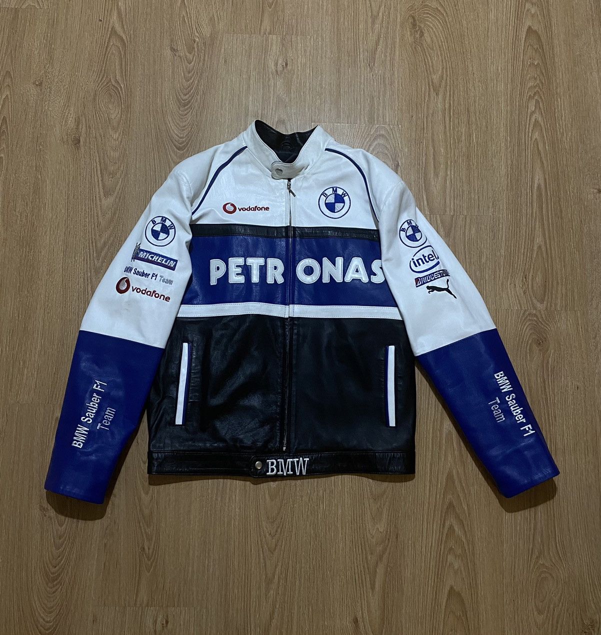 image of Bmw Leather Racing Jacket Genuine Intel Puma Michelin in Black/Blue/White, Men's (Size Large)
