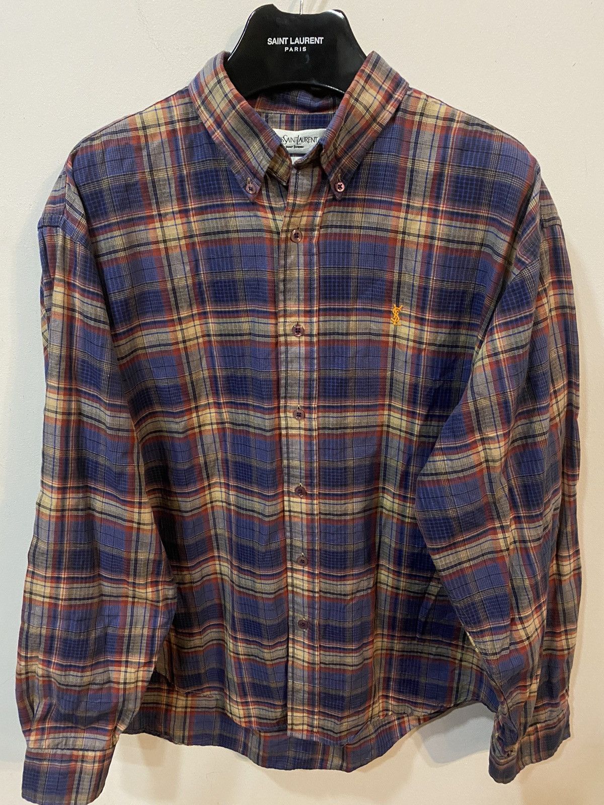 image of Vintage x YVES Saint Laurent Plaid YSL Shirt Soft Logo Saint Laurent Shirt Cotton (Size Large)