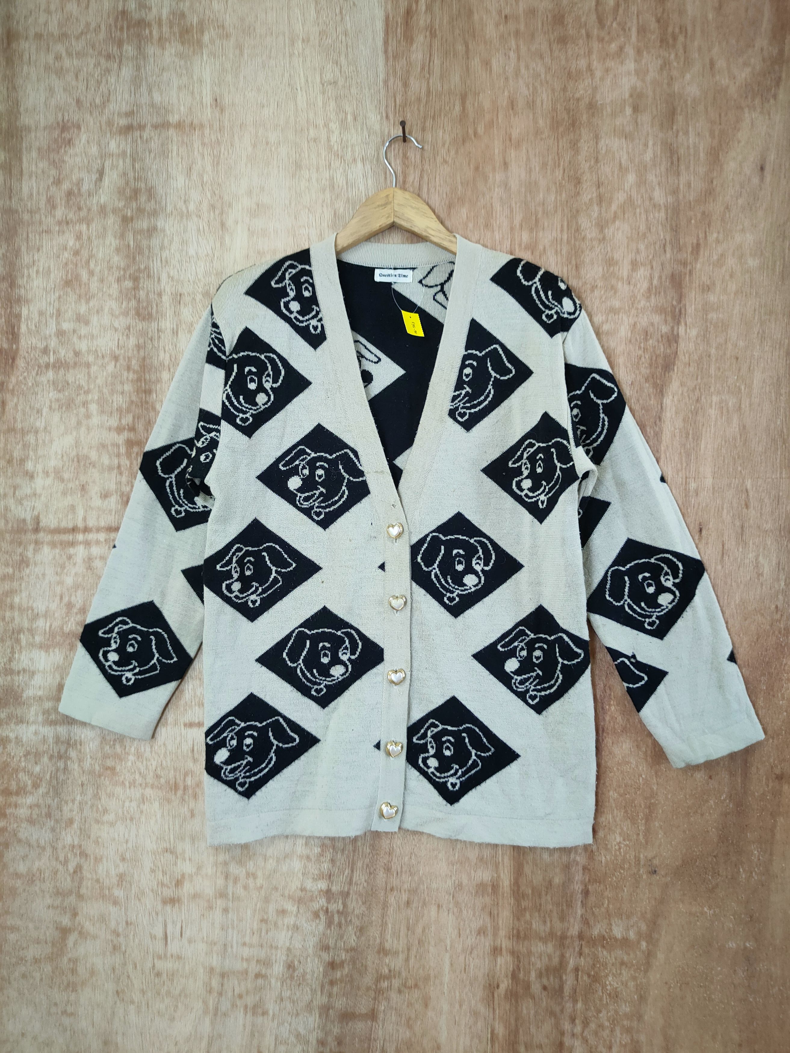 image of Dog Full Print Cardigan Distressed Vintage Knitwear 46-563 in White, Men's (Size Medium)