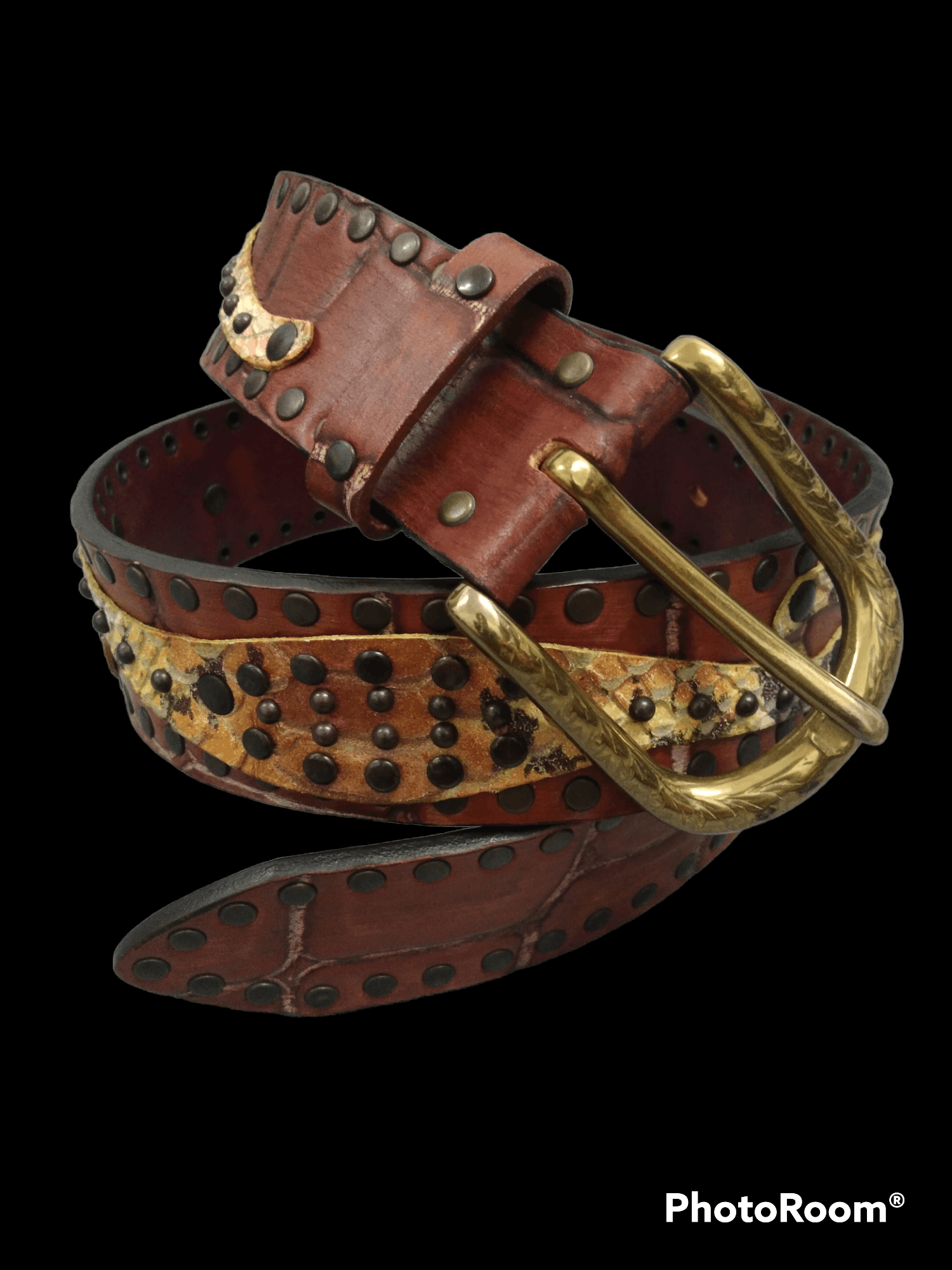 image of Hype x Italian Designers Solid Brass Studd Nanni Leather Belt in Brown, Men's