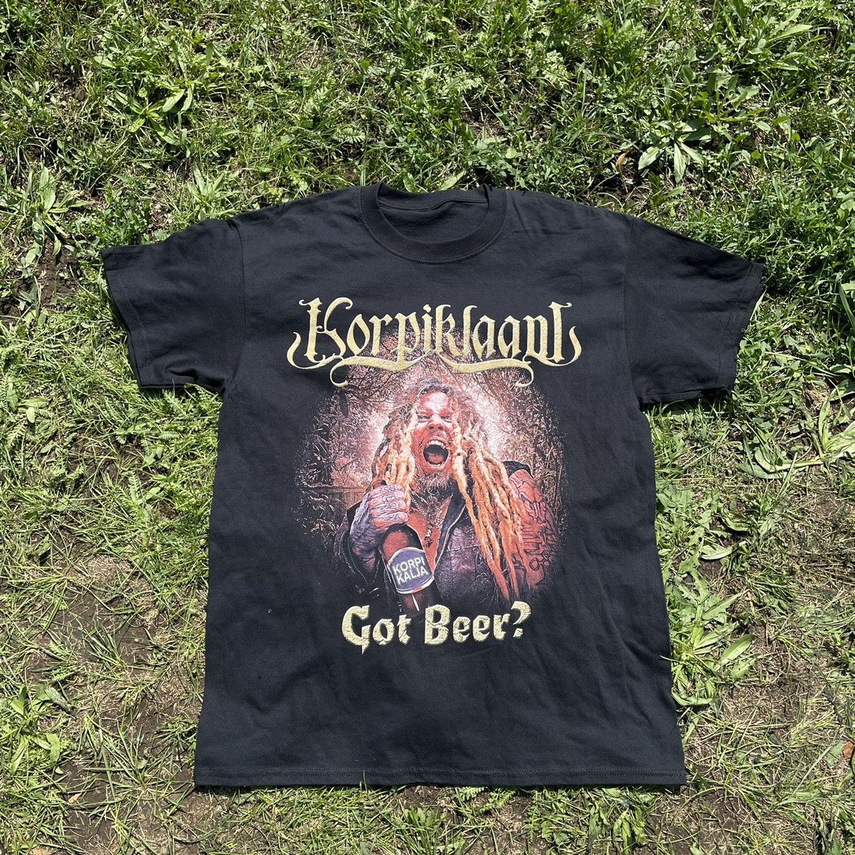 image of 90's Adult “ Got Beer Alcoholic Rock“ Art Humor Tee in Black, Men's (Size Large)