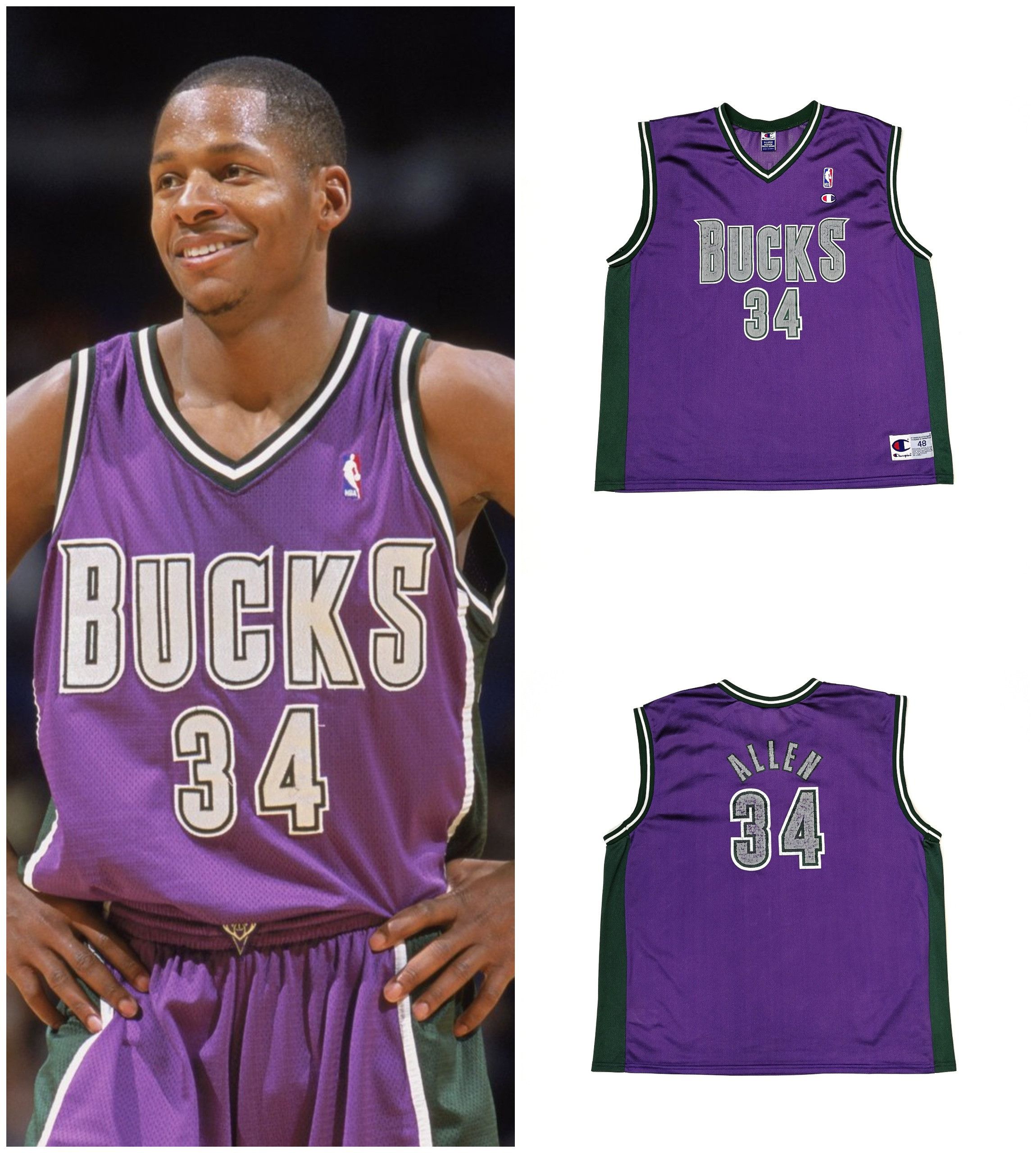 image of Vintage Milwaukee Bucks 34 Ray Allen Jersey Champion Nba in Purple/Green, Men's (Size XL)