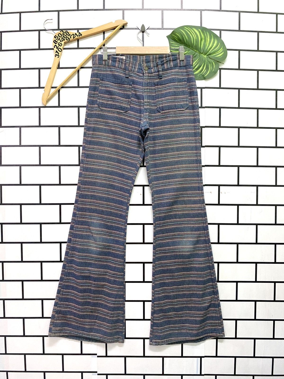 image of Vintage Bison Genuine Wastern Stripe Flared Bell Bottom Pant in Blue/Red/White, Men's (Size 30)