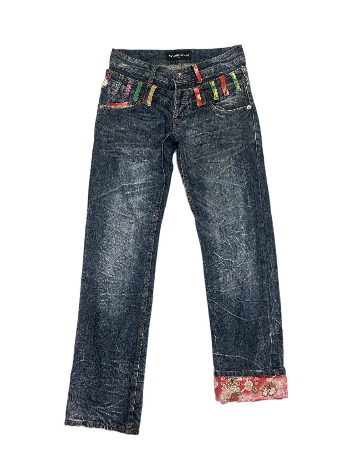 NYLAUS JEANS Double Waist Low Rise Whisker Jeans