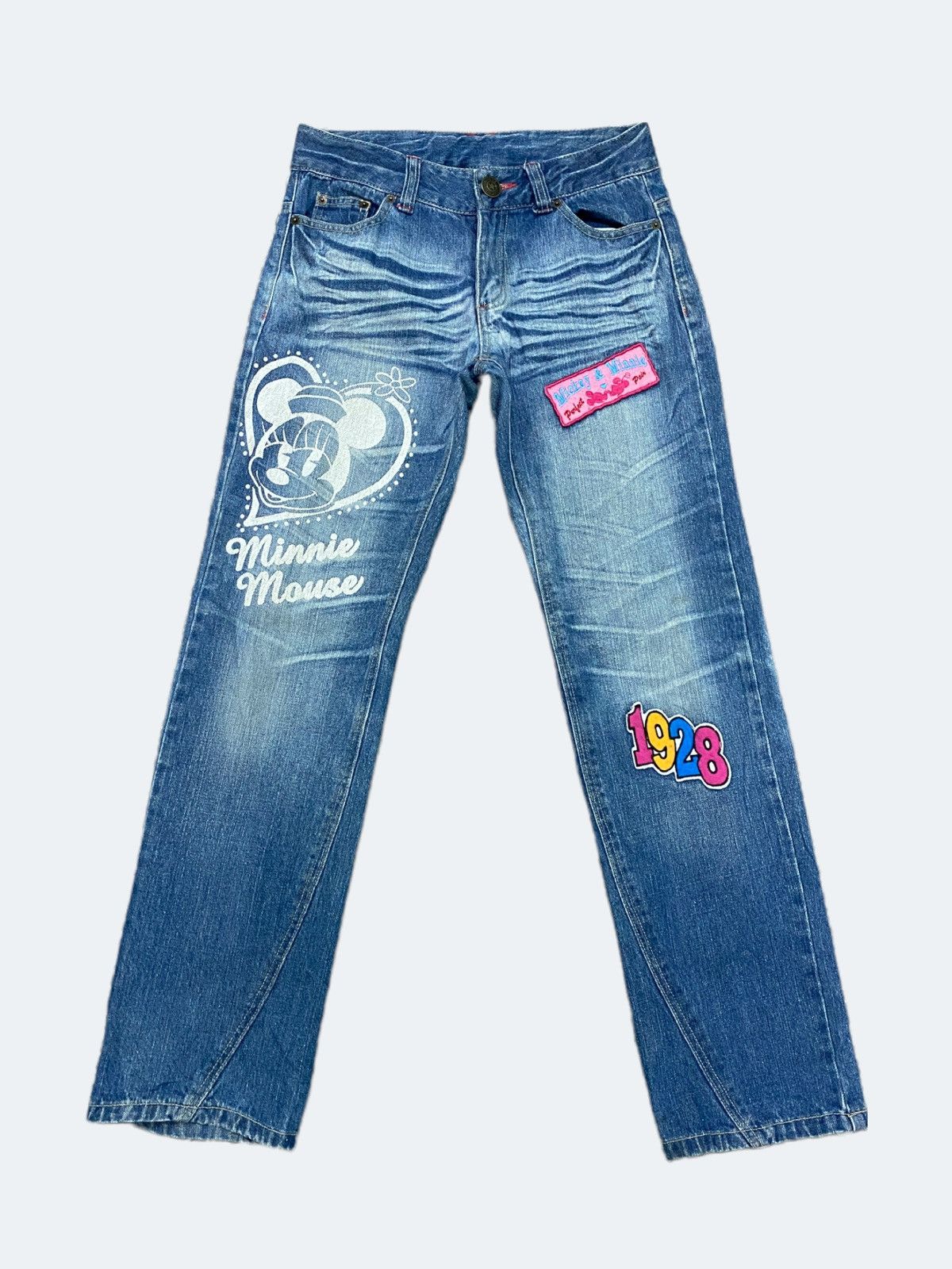 image of Disney Character Minnie Mouse Printed Low Rise Denim in Blue, Women's (Size 27)