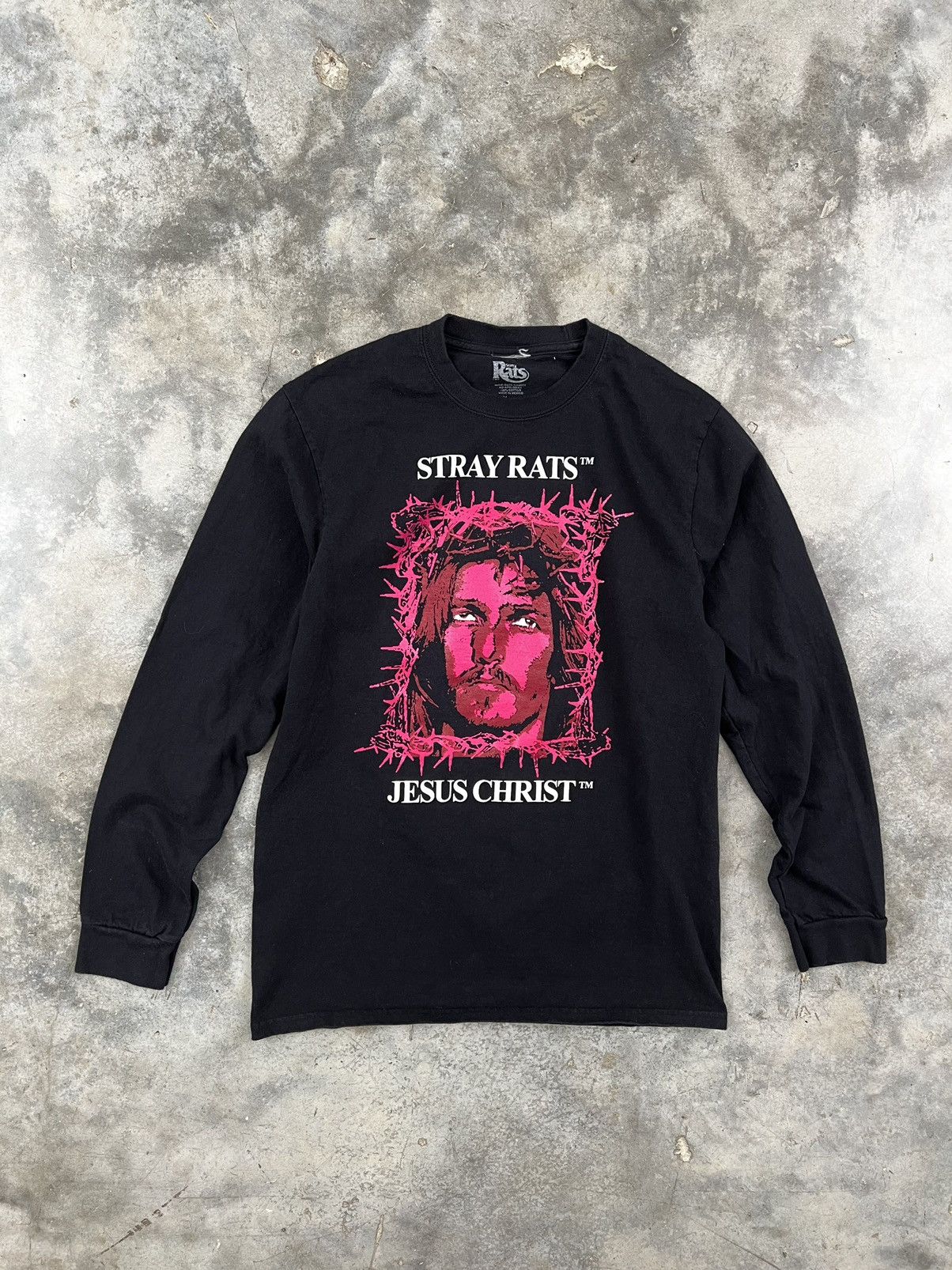 image of Stray Rats Jesus Christ Barbed Wire Crown Long Sleeve Tee in Black, Men's (Size Medium)