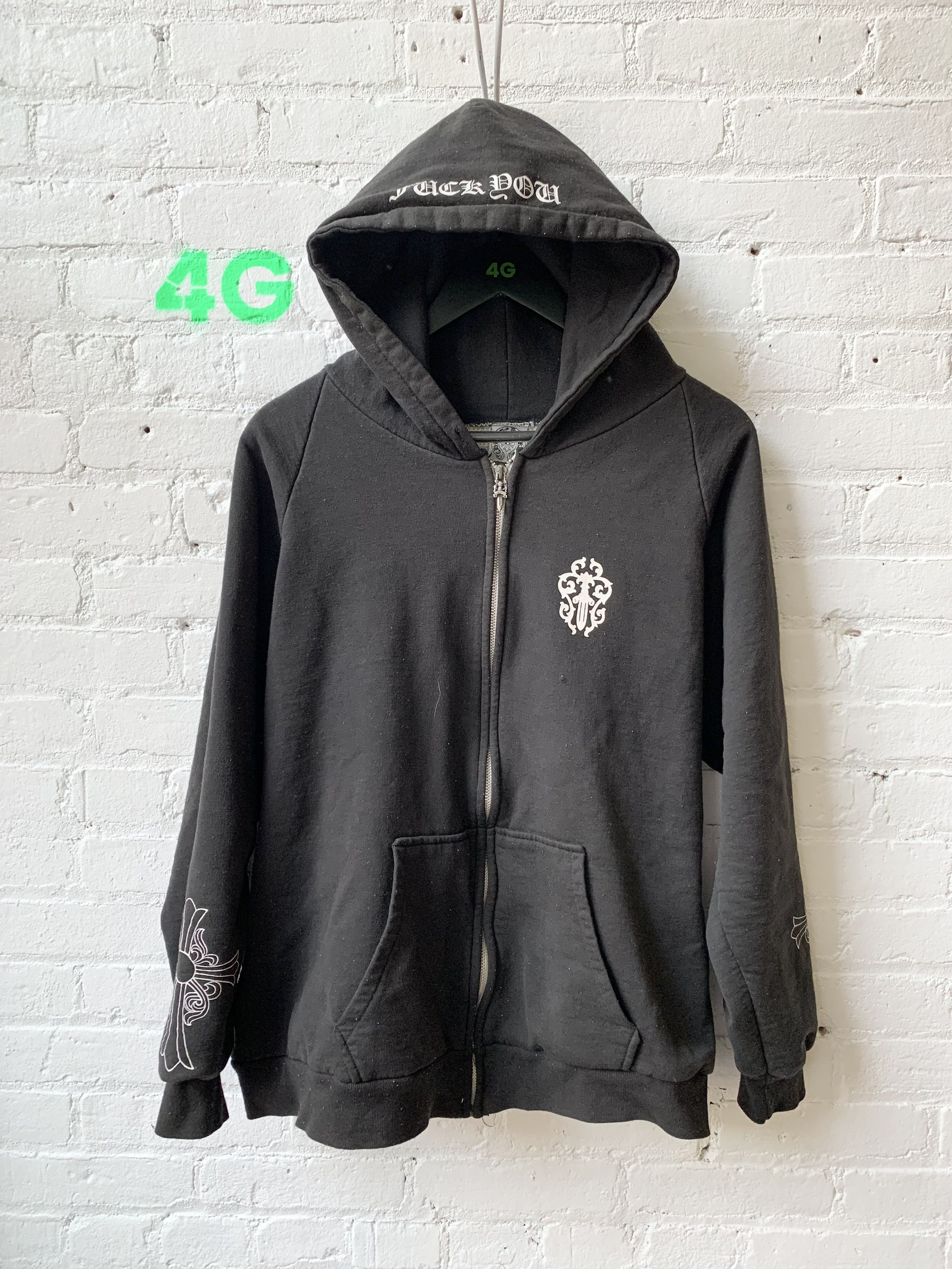 image of Chrome Hearts Vintage OG Dagger Fuck You Zip Hoodie Jacket in Black, Men's (Size Large)