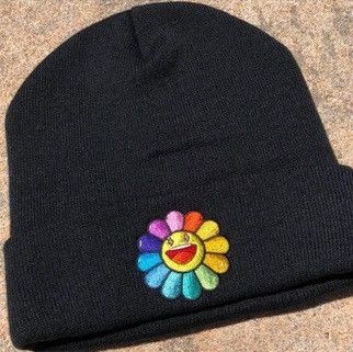 J Balvin × Takashi Murakami Black Rainbow Flower Beanie Hat ABC Colores Size ONE SIZE - 2 Thumbnail