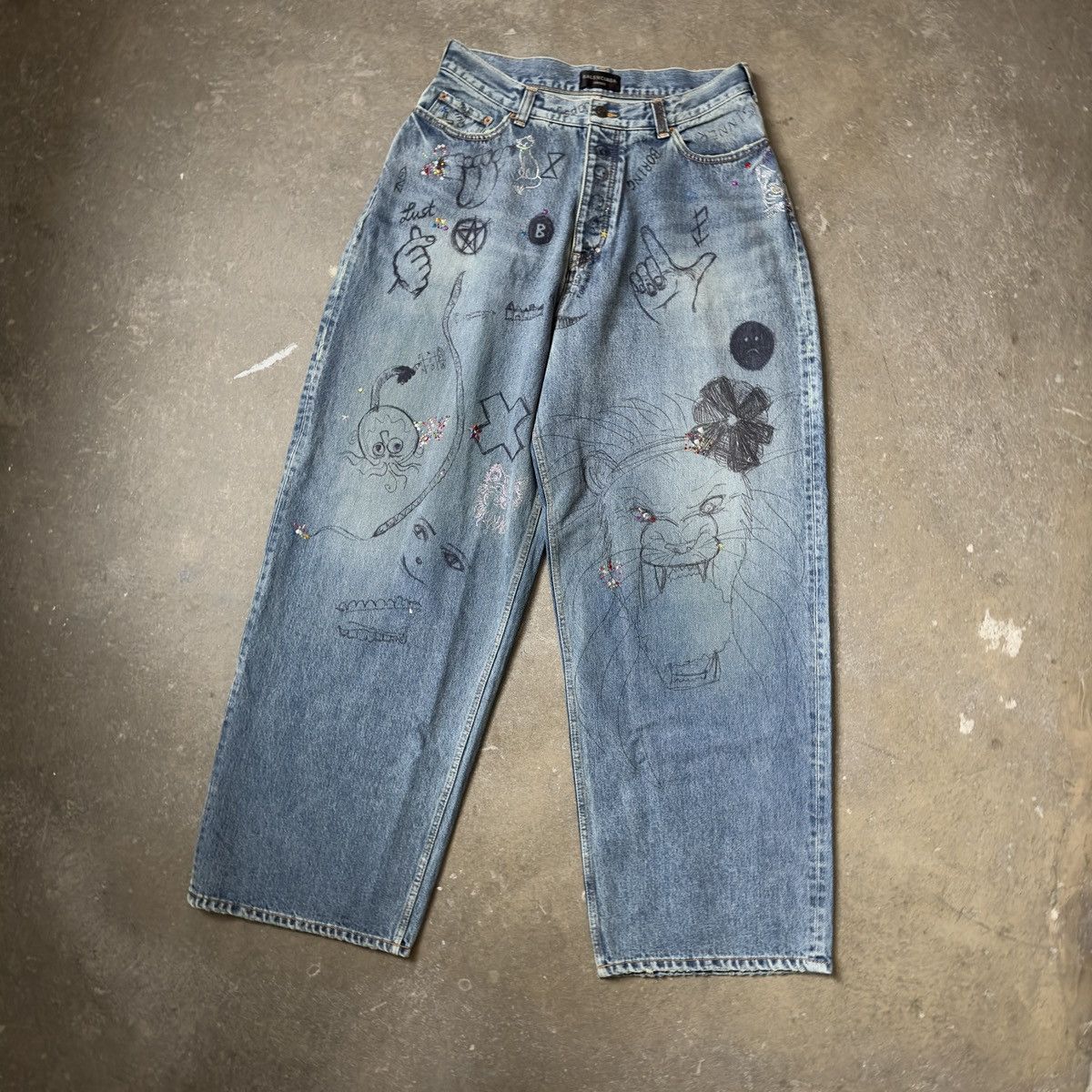 image of Balenciaga Fw22 Rhinestone Scribble Baggy Denim in Blue, Men's (Size 34)