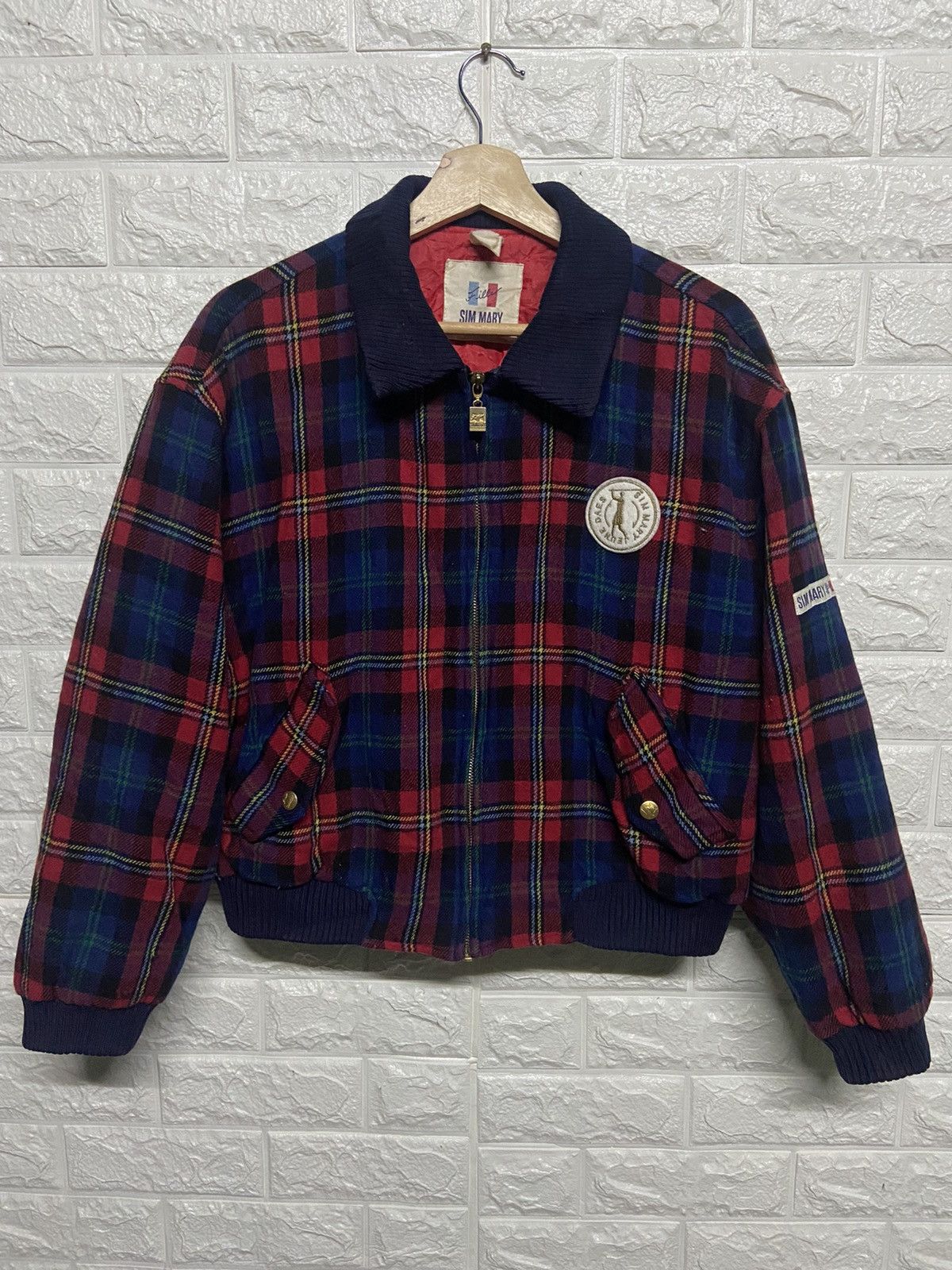 Vintage Vintage Sim Mary Checkered Wool Zip Up Bomber Jacket Size US S / EU 44-46 / 1 - 1 Thumbnail