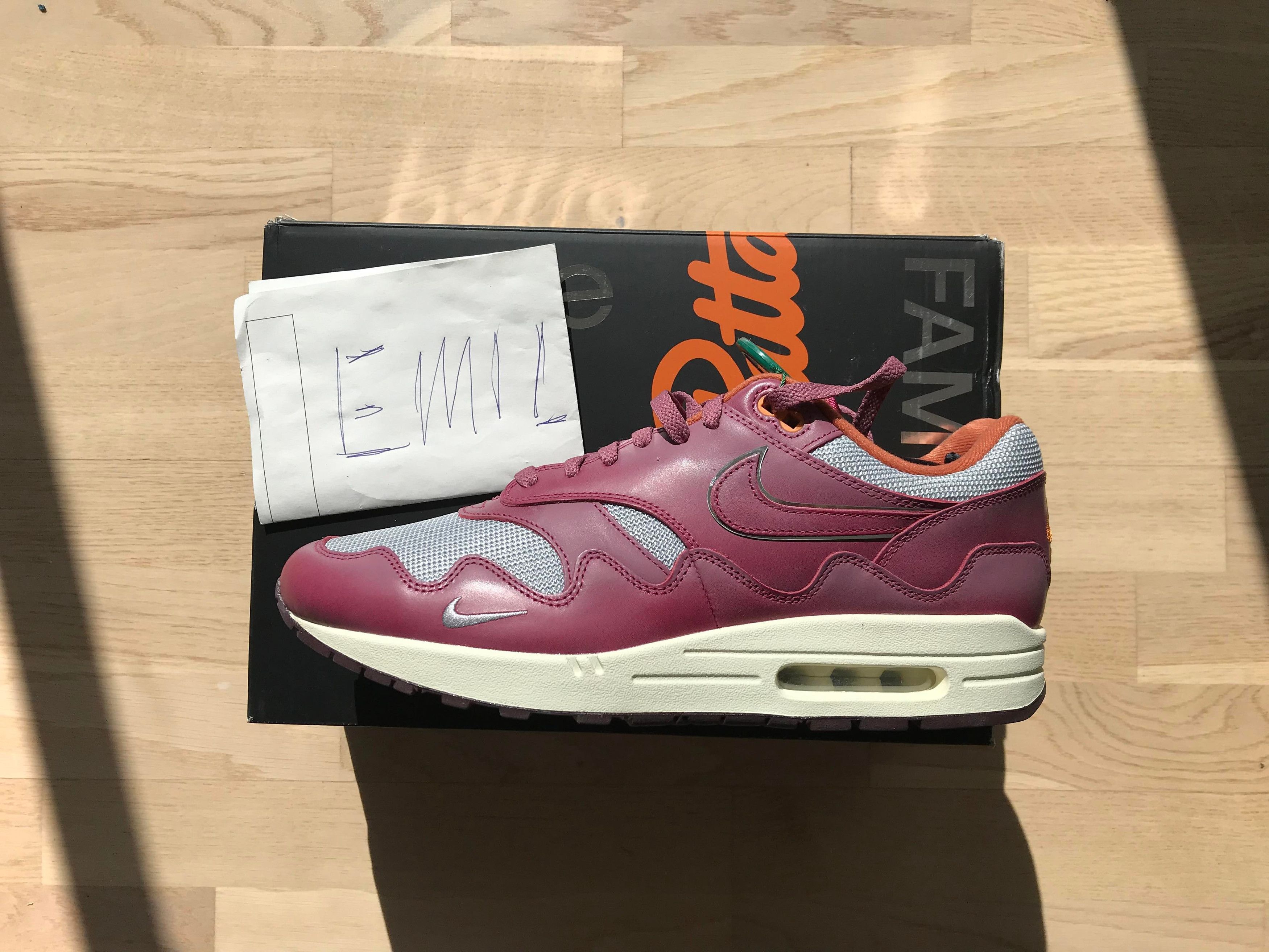 image of Nike x Patta Air Max 1 / Patta Shoes in Metallic Silver/Rush Maroon, Men's (Size 12)