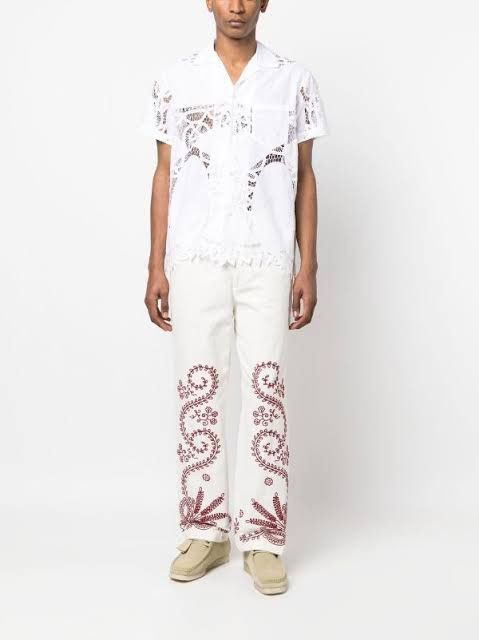 トップス BODE LACE CUTWORK SHIRT Bode Lace Cutwork Short Sleeve Shirt - Black | Garmentory