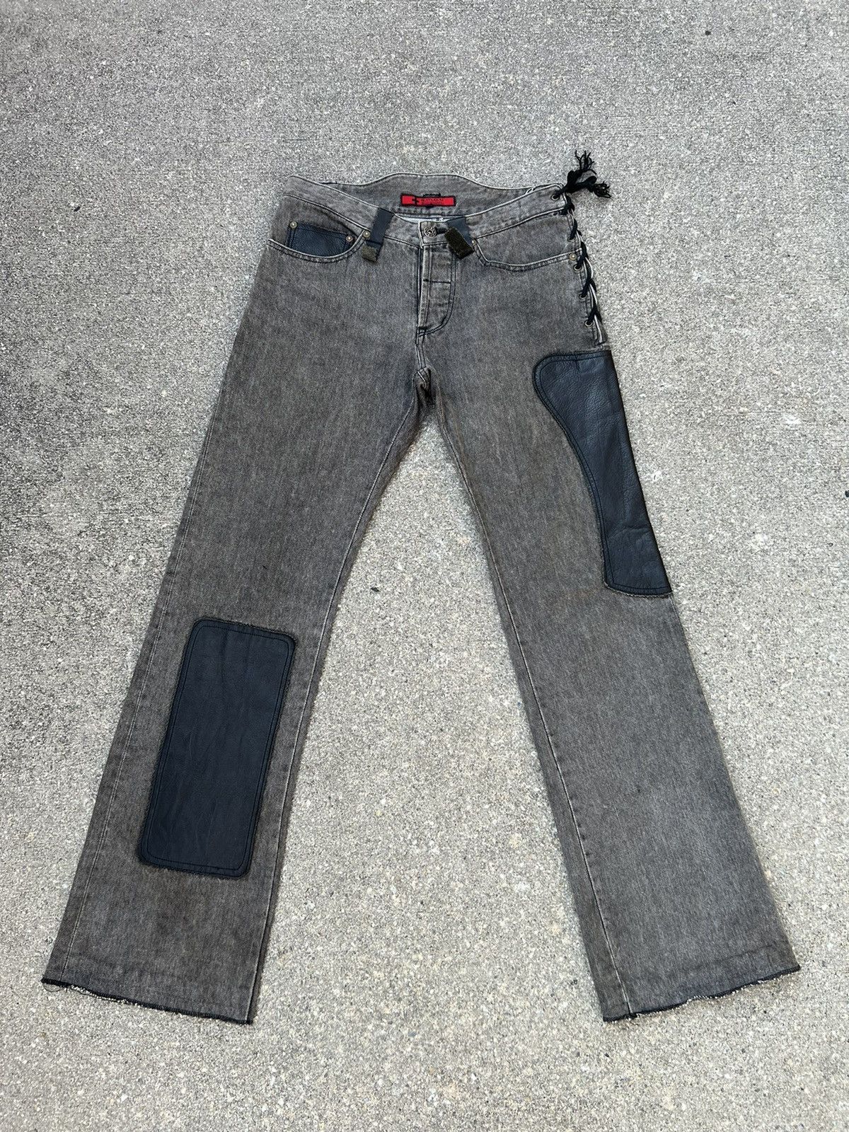 Vintage Vintage a.m.o.u Japan Leather Patchwork Denim Bootcut Jeans Size US 29 - 1 Thumbnail