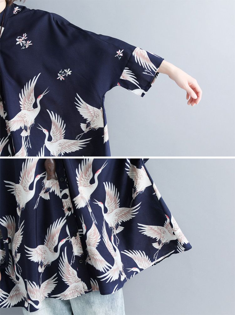 Other Lightweight Kimono Noragi Style Black Crane Bird Shirt Size US M / EU 48-50 / 2 - 4 Thumbnail
