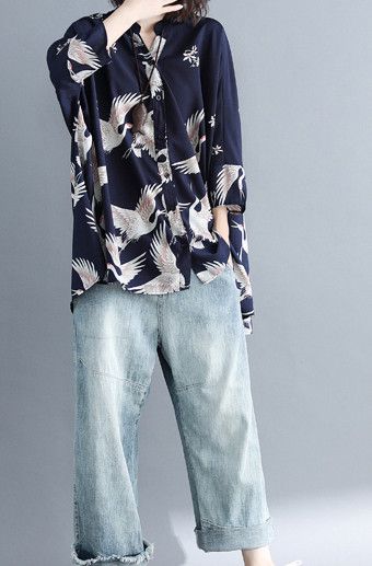 Other Lightweight Kimono Noragi Style Black Crane Bird Shirt Size US M / EU 48-50 / 2 - 3 Thumbnail