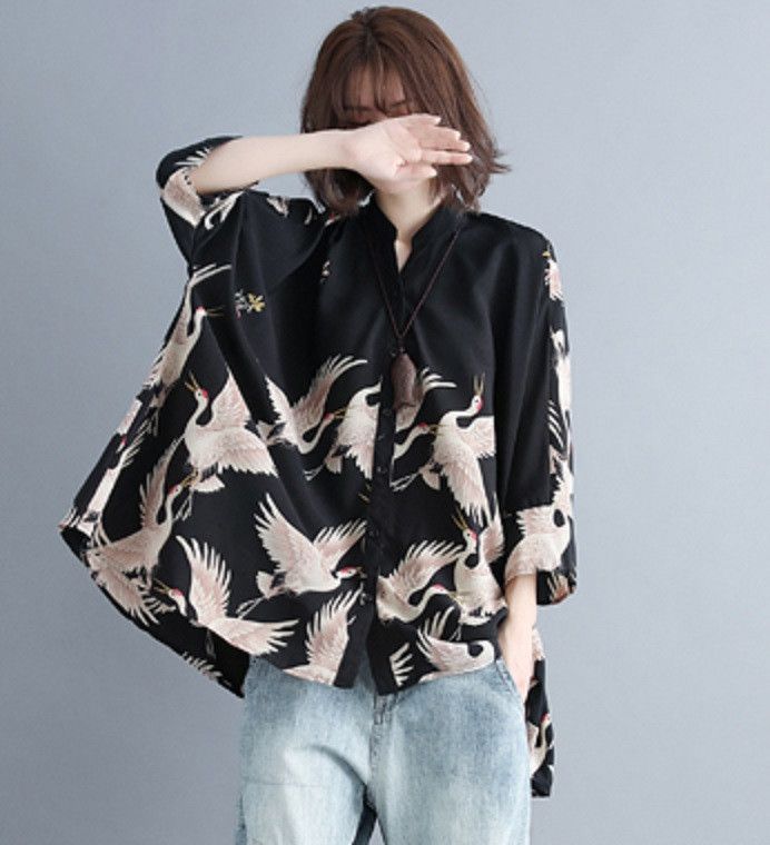 Other Lightweight Kimono Noragi Style Black Crane Bird Shirt Size US M / EU 48-50 / 2 - 1 Thumbnail