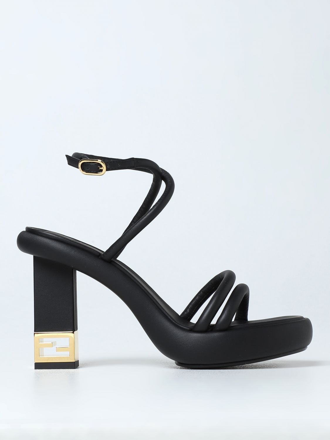 FENDI CHUNKY HIGH-HEELED SANDAL IN BLACK CALFKIN WITH GOLD HARDWARE main image 0