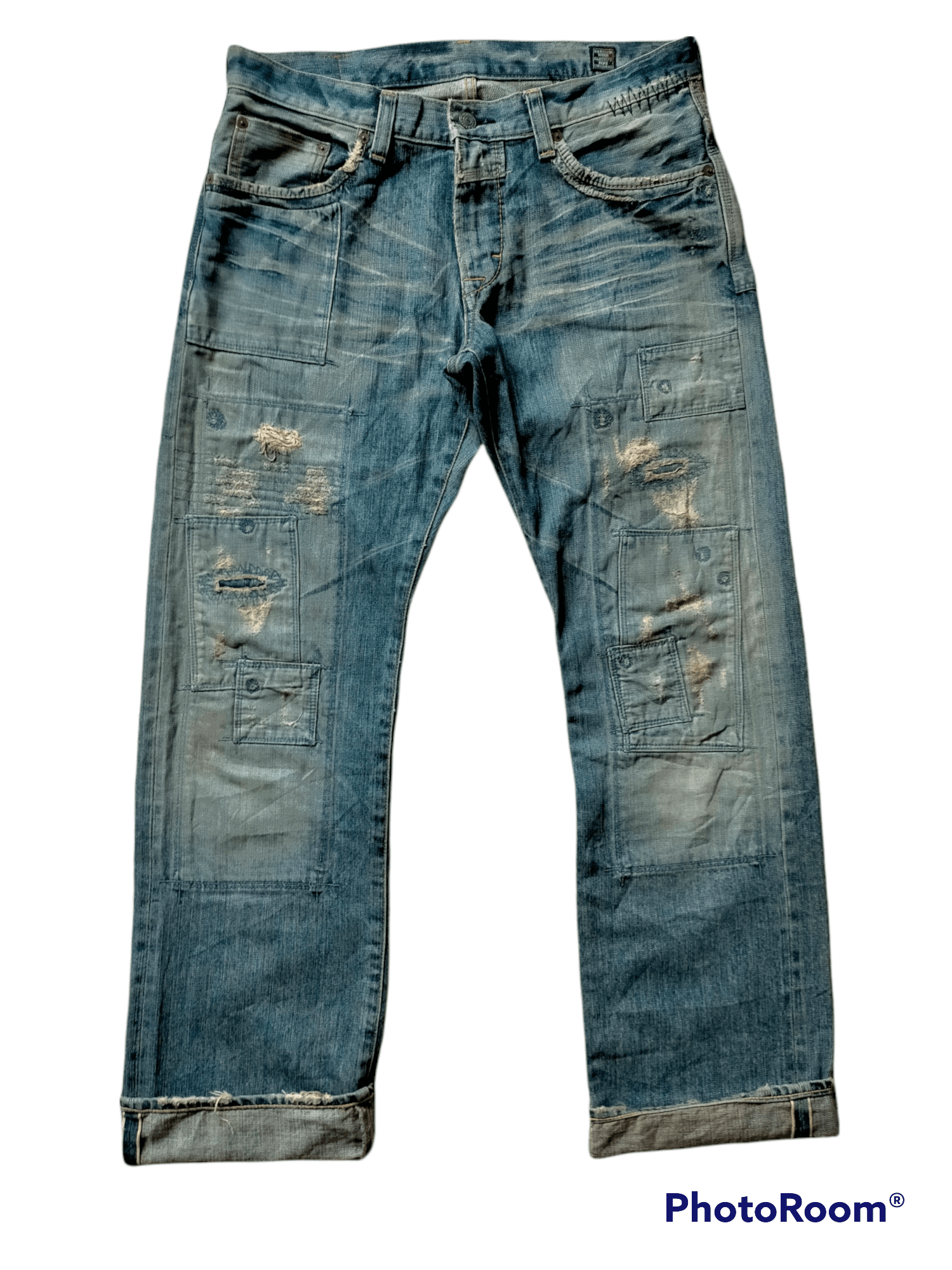 Vintage Bartack Denim Distressed Patch Work Pants 