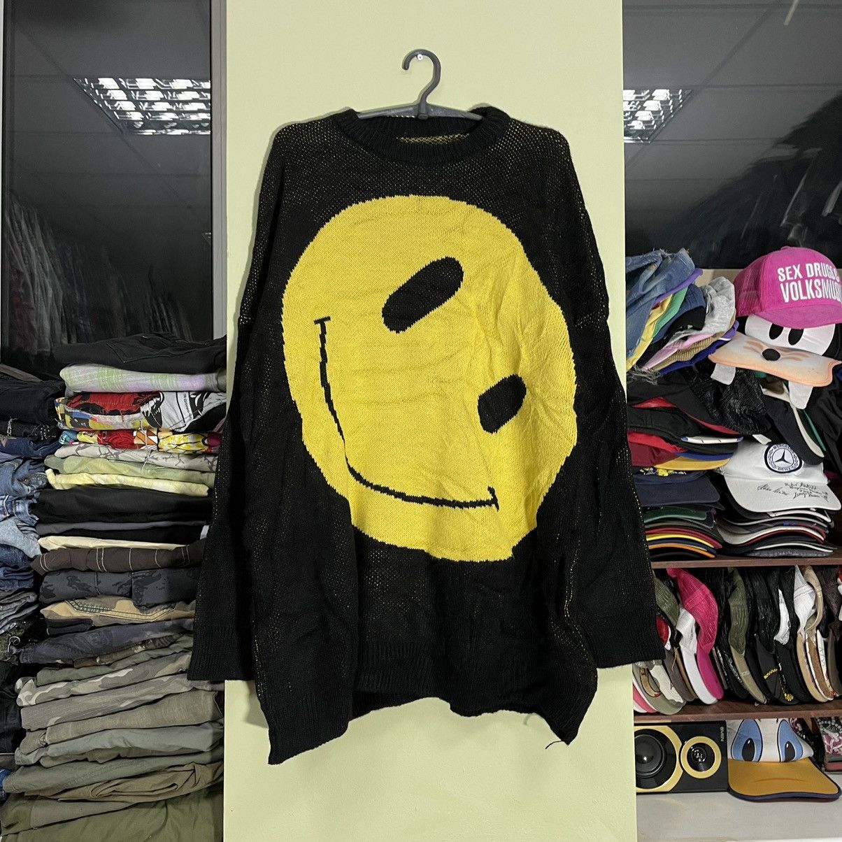 image of Vintage Y2K Smile Face Knitted Sweater Hype Cutie Style in Black, Men's (Size Large)