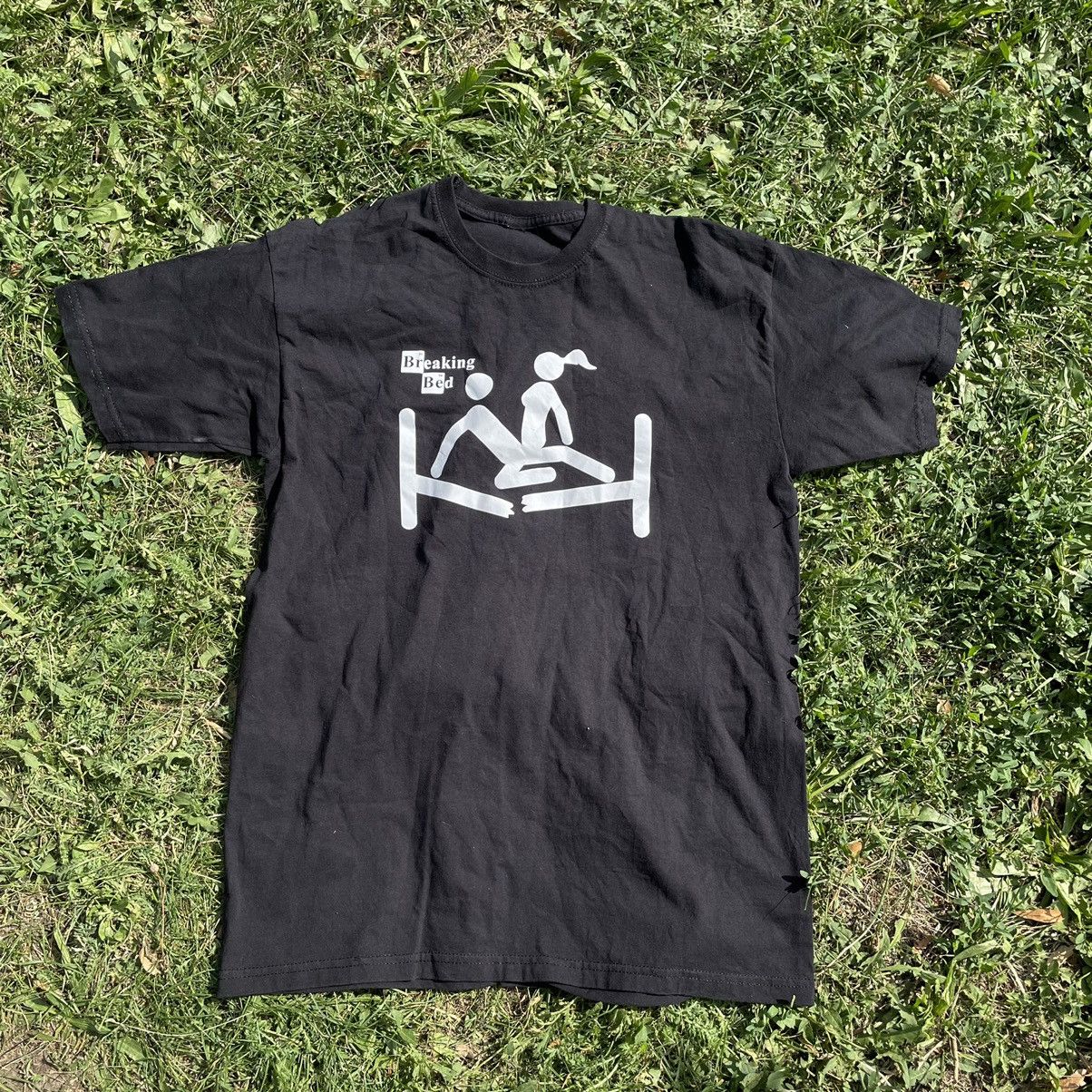 image of Y2K Adult “Sexy Breaking Bed” Humor Tee Streetwear in Black, Men's (Size Medium)