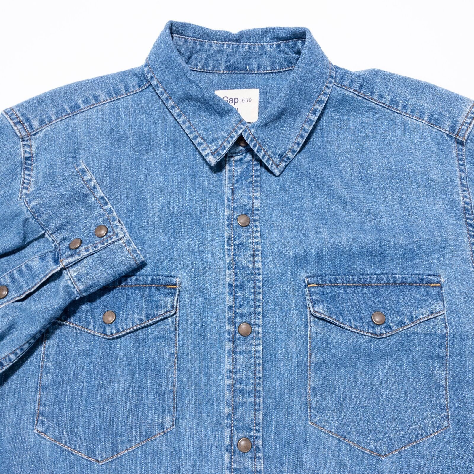 Gap Gap Denim Pearl Snap Shirt Men's Medium Slim Fit Western Indigo ...