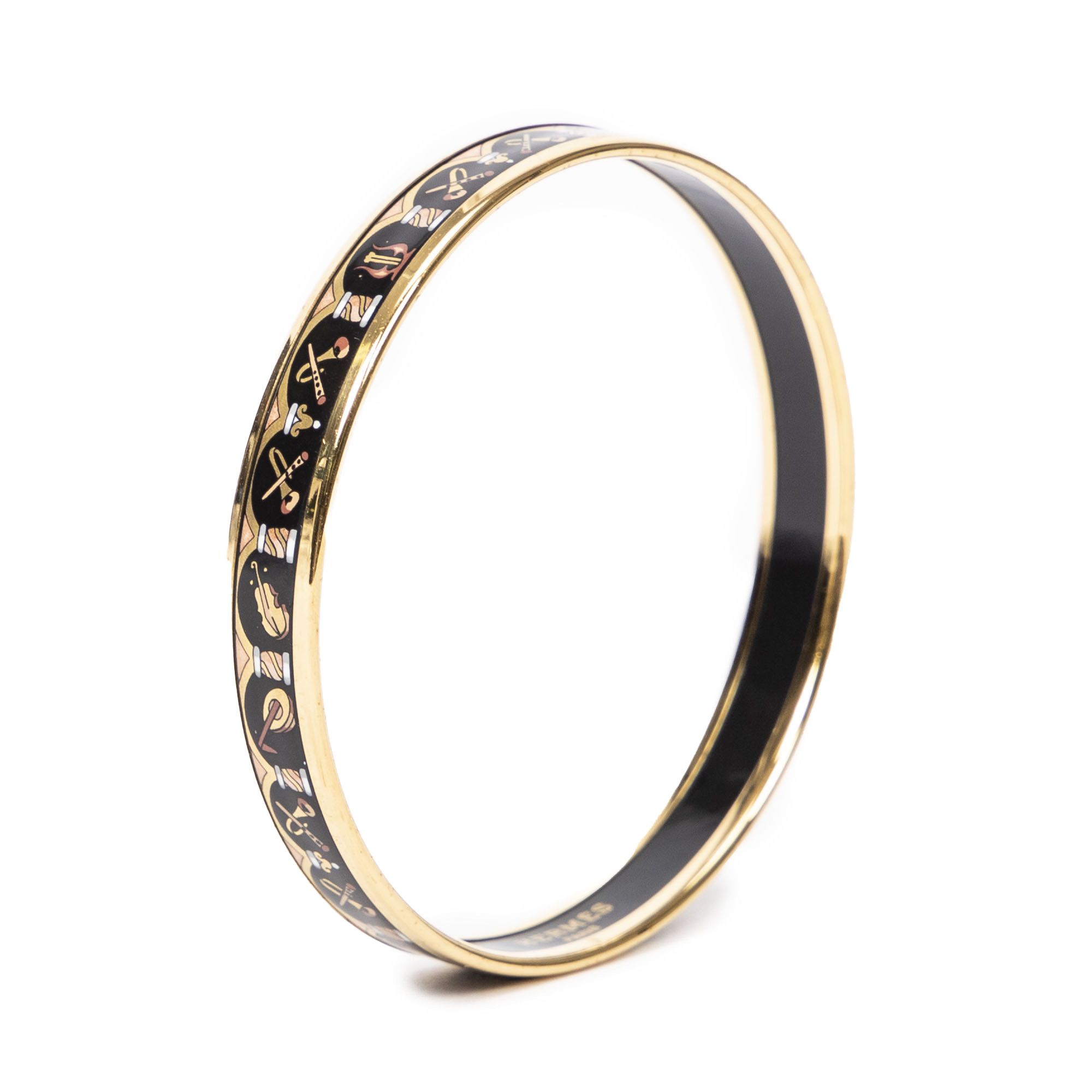 Hermes Enamel Bangle PM PM in Black/Gold Musical Instruments Motif ...