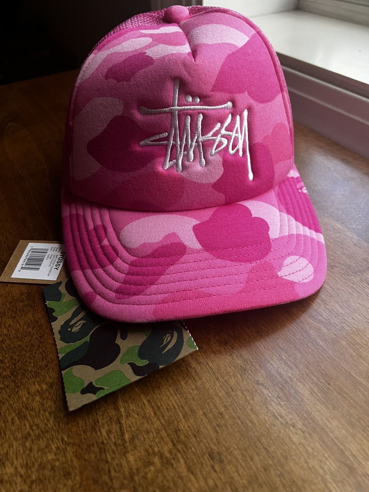image of Bape Stussy Pink Camo Trucker Hat Cap, Men's