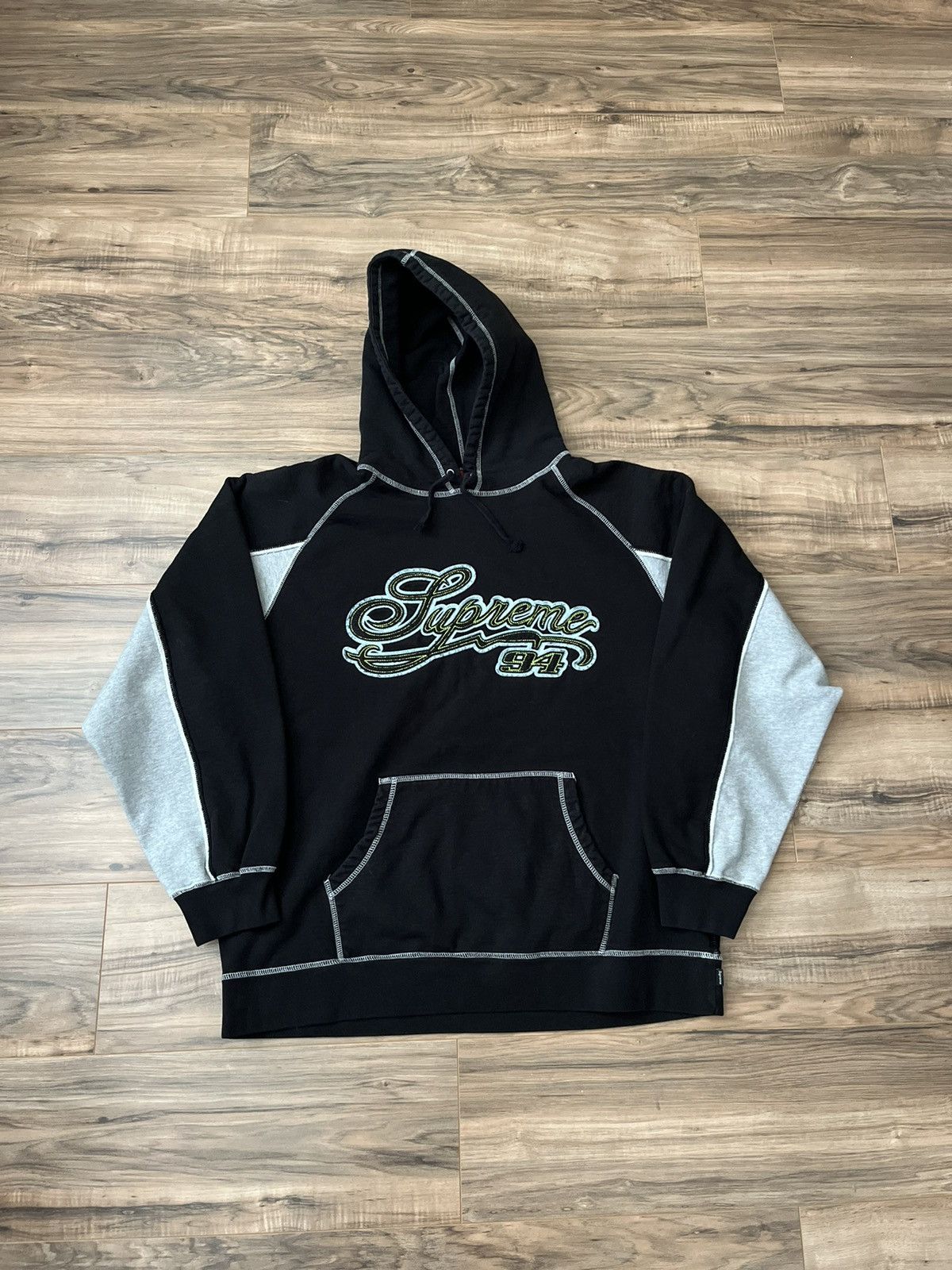 FW18 SUPREME PANELED HOODED SWEATSHIRT BLACK S-XL 送料無料 Supreme FW18 Text Stripe Hooded Sweatshirt Hoodie Size