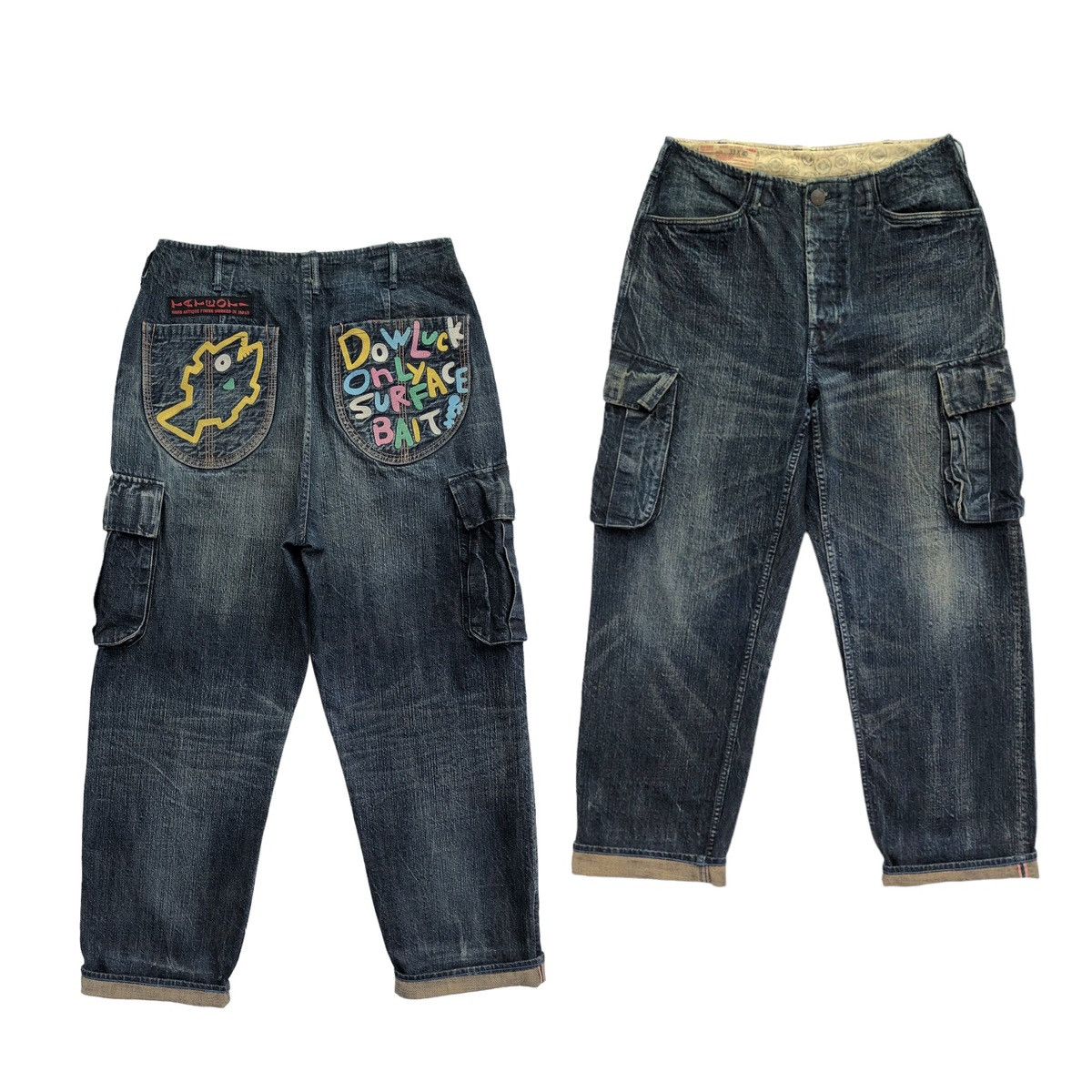 image of Evisu Yamane Selvedge Dowluck Design Cargo Denim Pant in Blue Denim, Men's (Size 33)