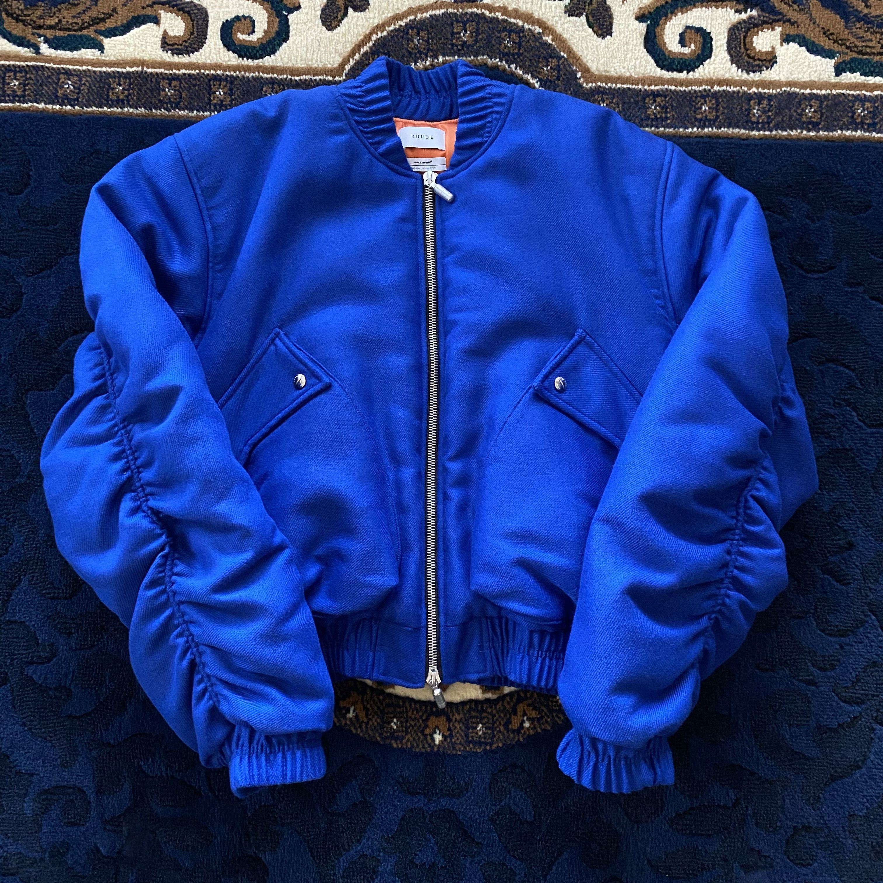 image of Rhude Mclaren Cropped Bomber Jacket in Blue, Men's (Size XL)