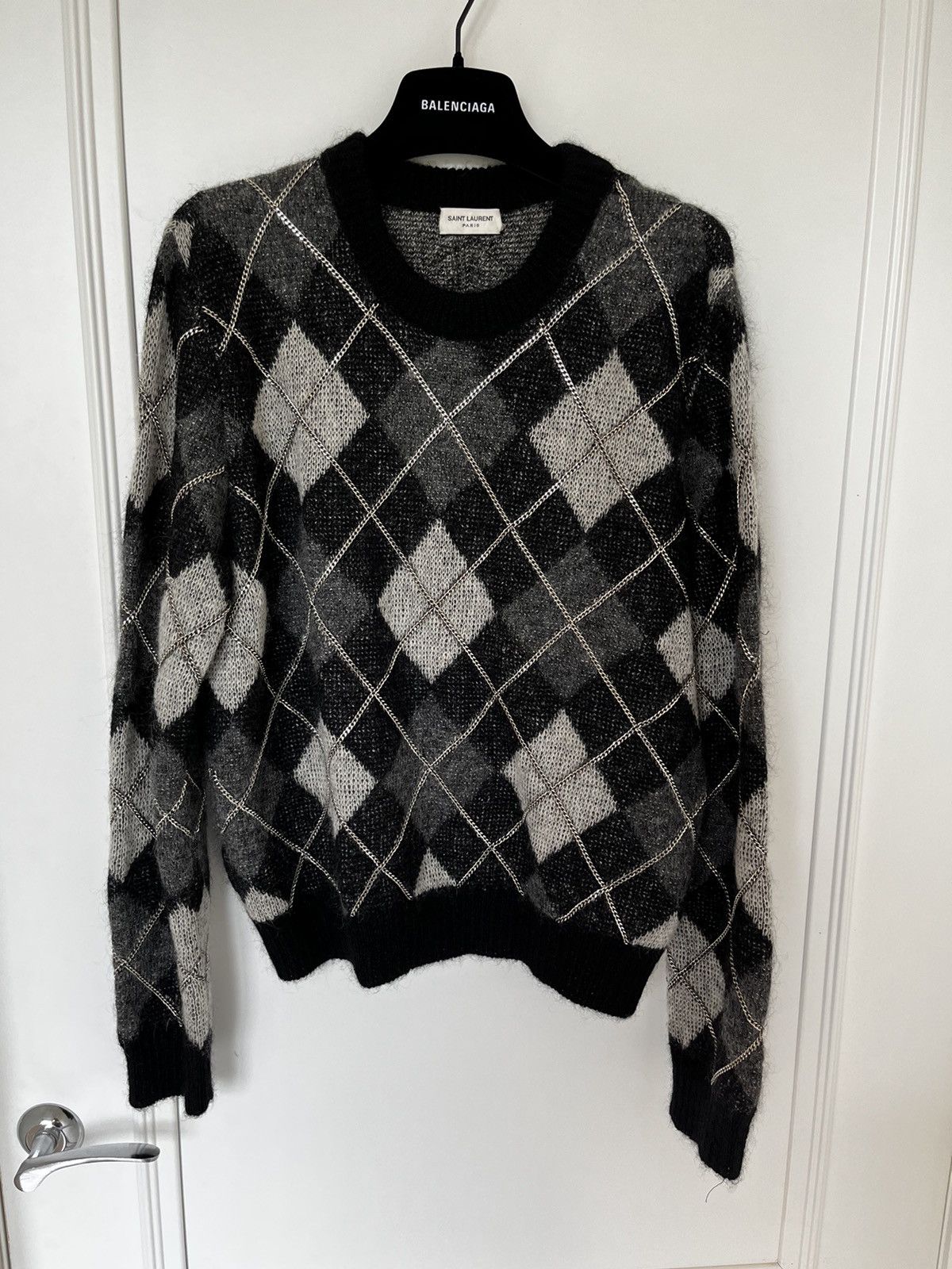 Image of Hedi Slimane x Saint Laurent Paris Grail! Saint Laurent Fw14 Runway Chain Argyle Mohair Sweater (Si